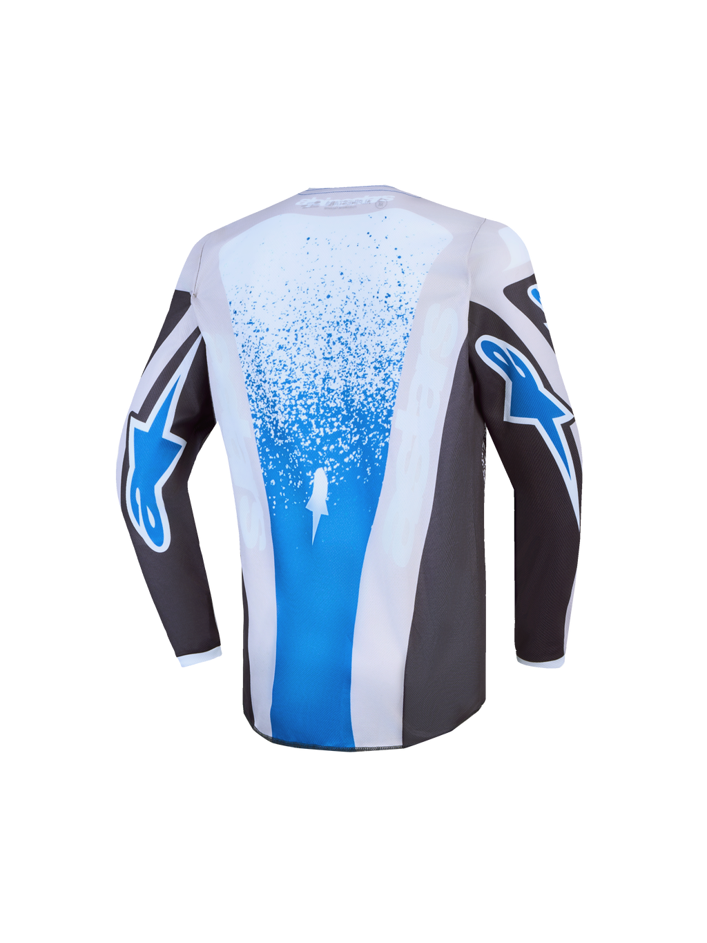 Alpinestars 2027 ungdom Fluid Drag tröja, grå och blå motocrosströja för barn, vy bakifrån med förlängt ryggparti.
