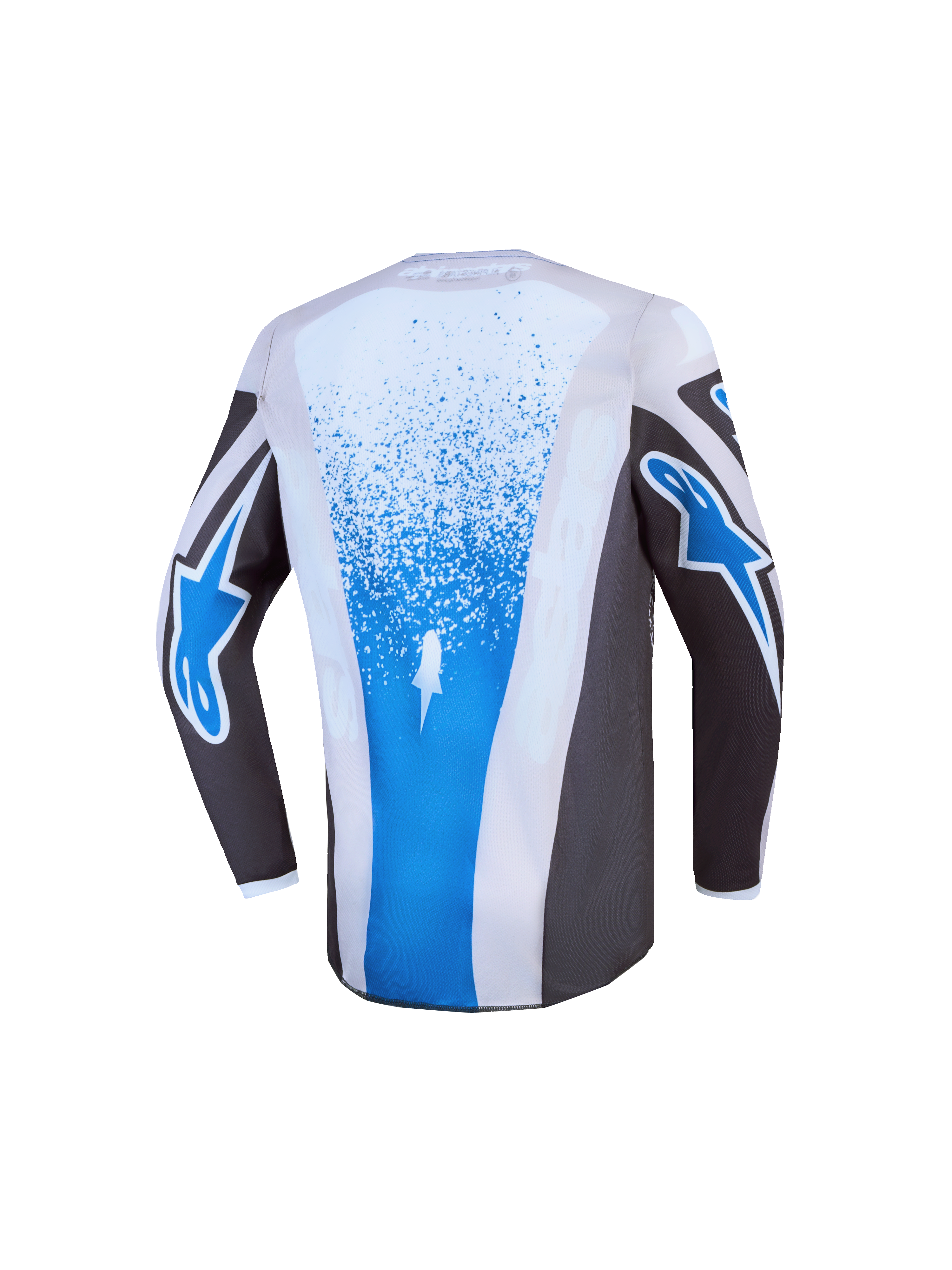 Alpinestars 2027 ungdom Fluid Drag tröja, grå och blå motocrosströja för barn, vy bakifrån med förlängt ryggparti.