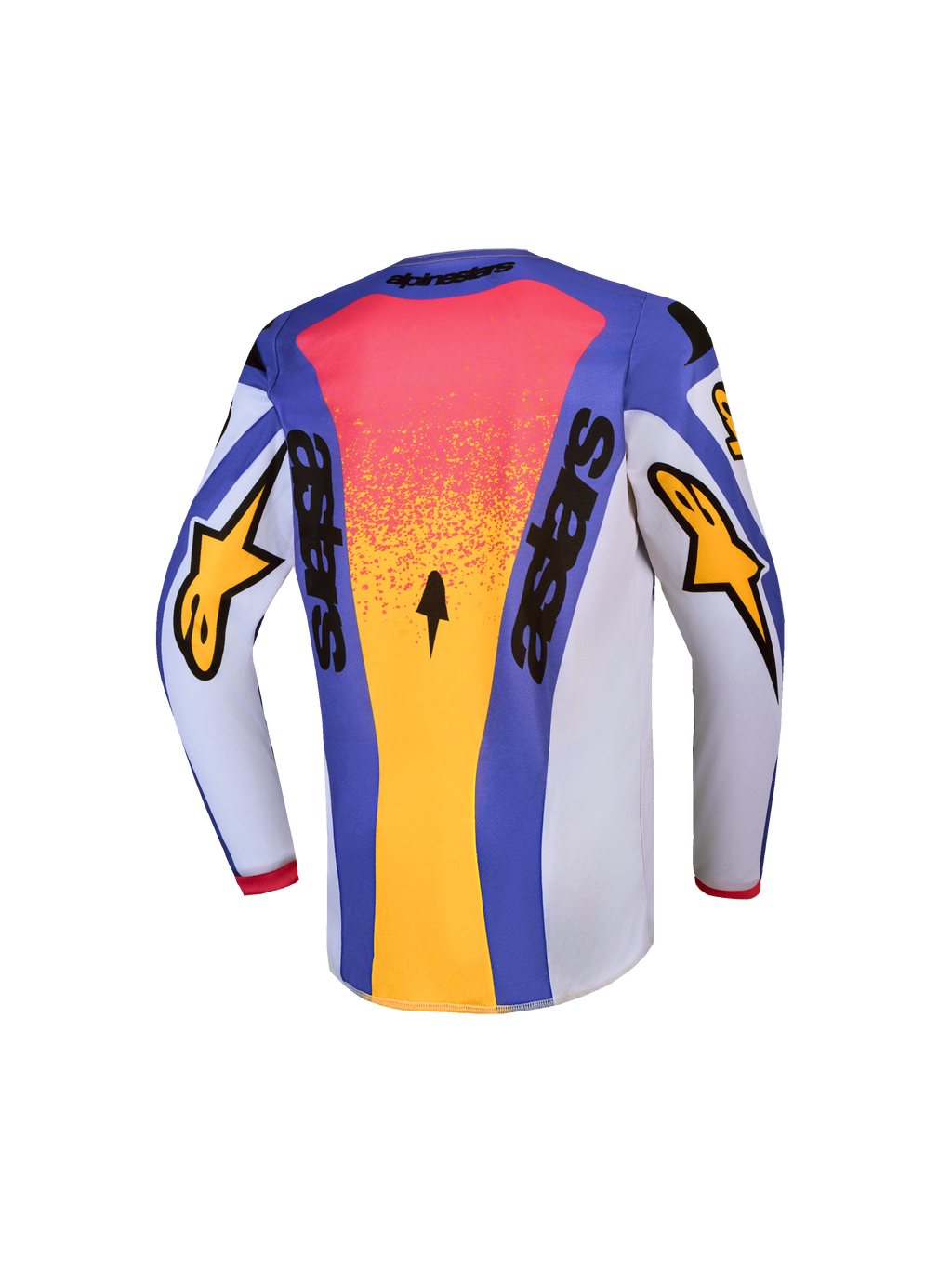 Alpinestars 2027 Ungdom Fluid Drag-tröja, blå och guld motocrosströja vy bakifrån, fukttransporterande material för MX.