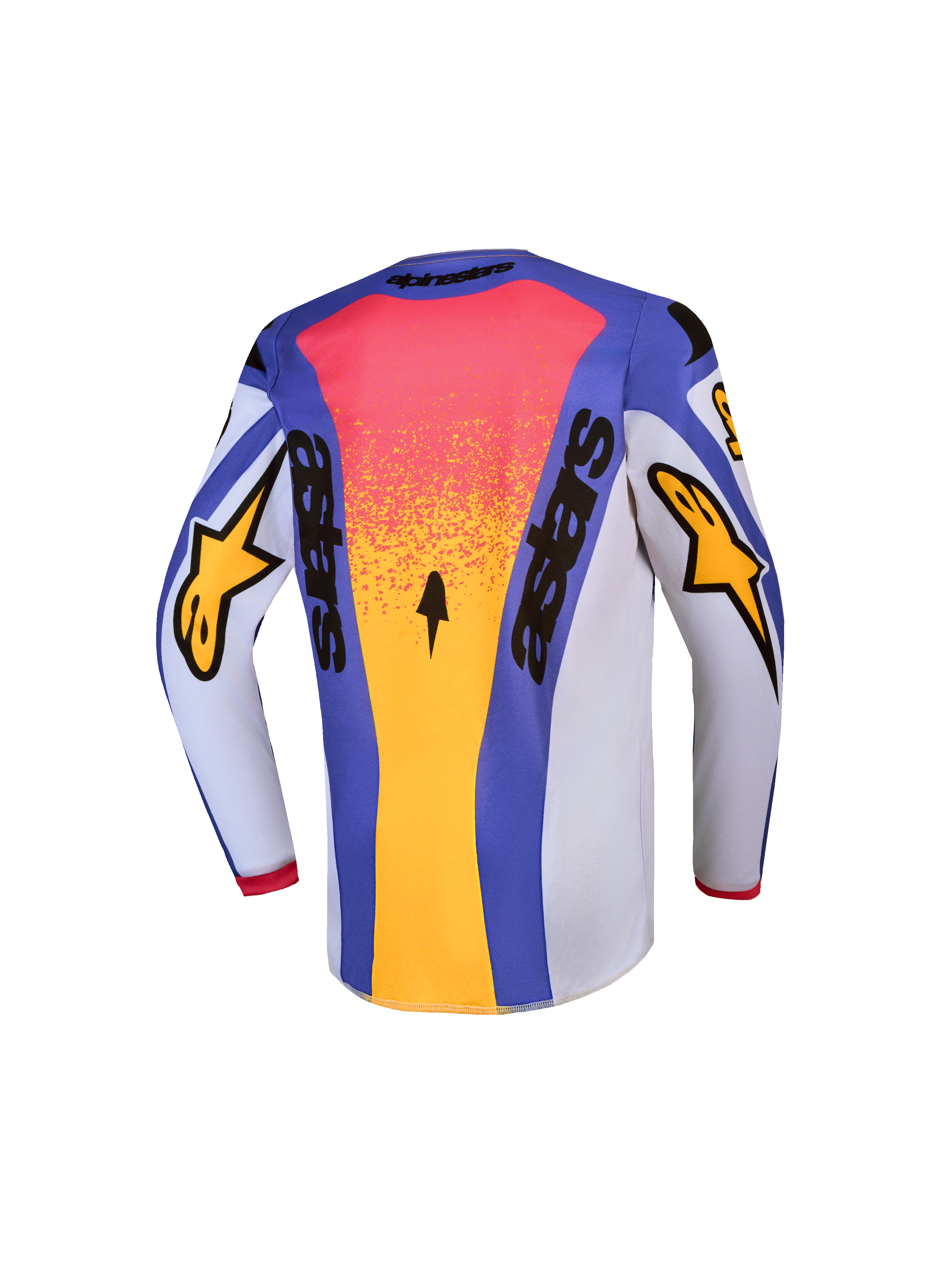 Alpinestars 2027 Ungdom Fluid Drag-tröja, blå och guld motocrosströja vy bakifrån, fukttransporterande material för MX.