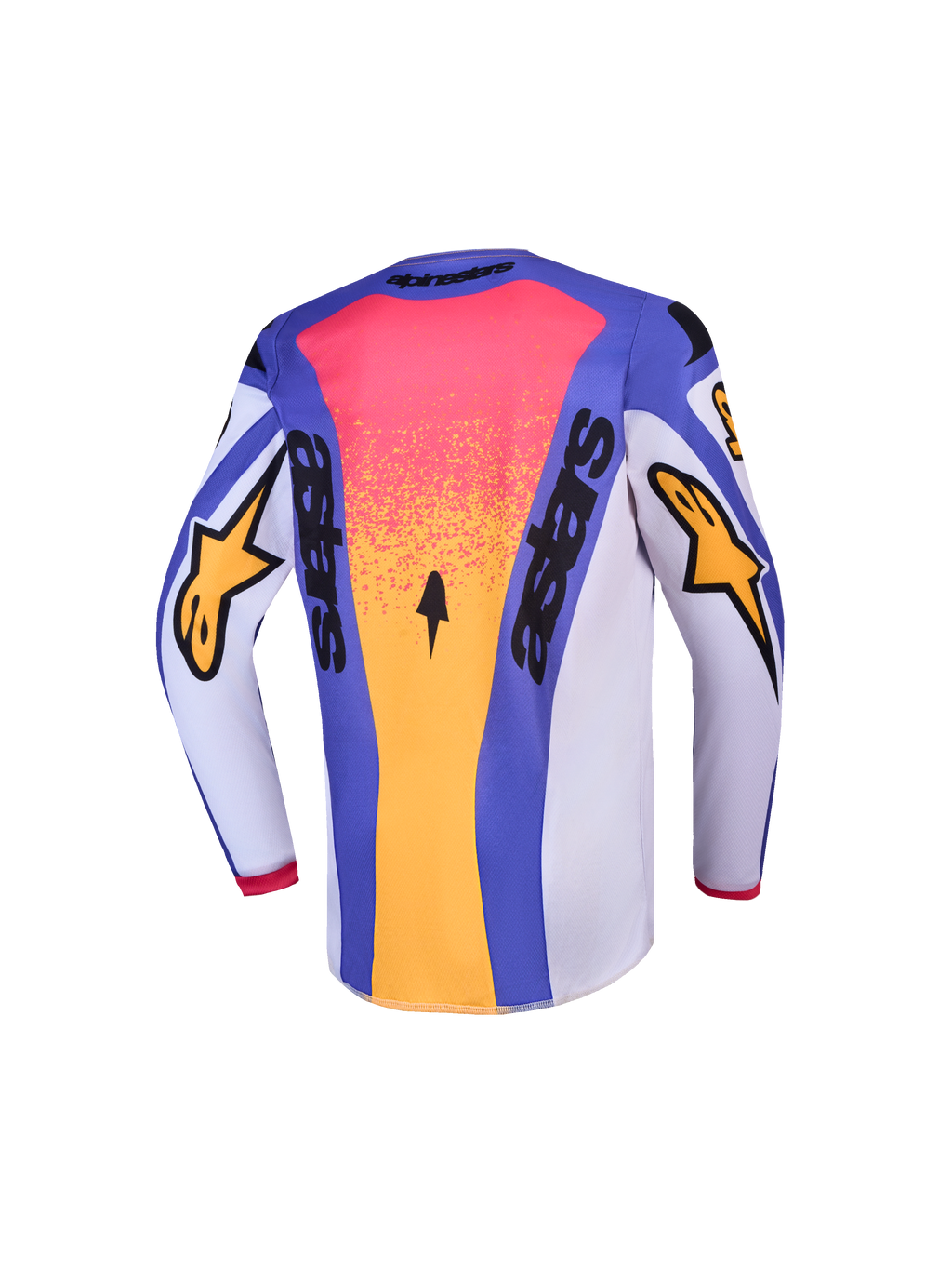 Alpinestars Ungdom Fluid Drag tröja, blå och guld motocrosströja för ungdomar, vy bakifrån med Astars-logotyp, fukttransporterande polytyg för terrängkörning.