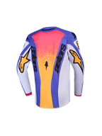 Alpinestars Ungdom Fluid Drag tröja, blå och guld motocrosströja för ungdomar, vy bakifrån med Astars-logotyp, fukttransporterande polytyg för terrängkörning.