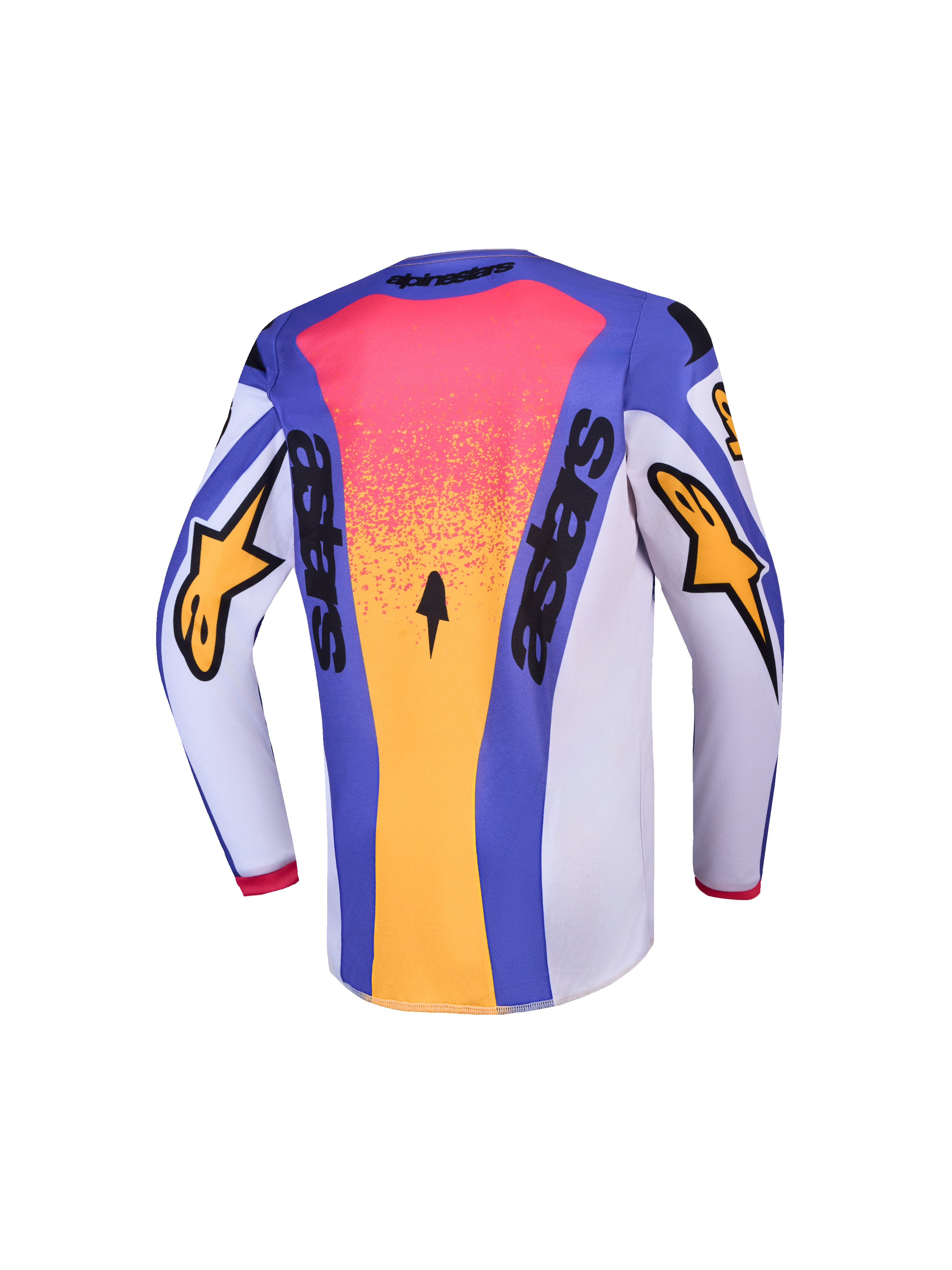 Alpinestars Ungdom Fluid Drag tröja, blå och guld motocrosströja för ungdomar, vy bakifrån med Astars-logotyp, fukttransporterande polytyg för terrängkörning.