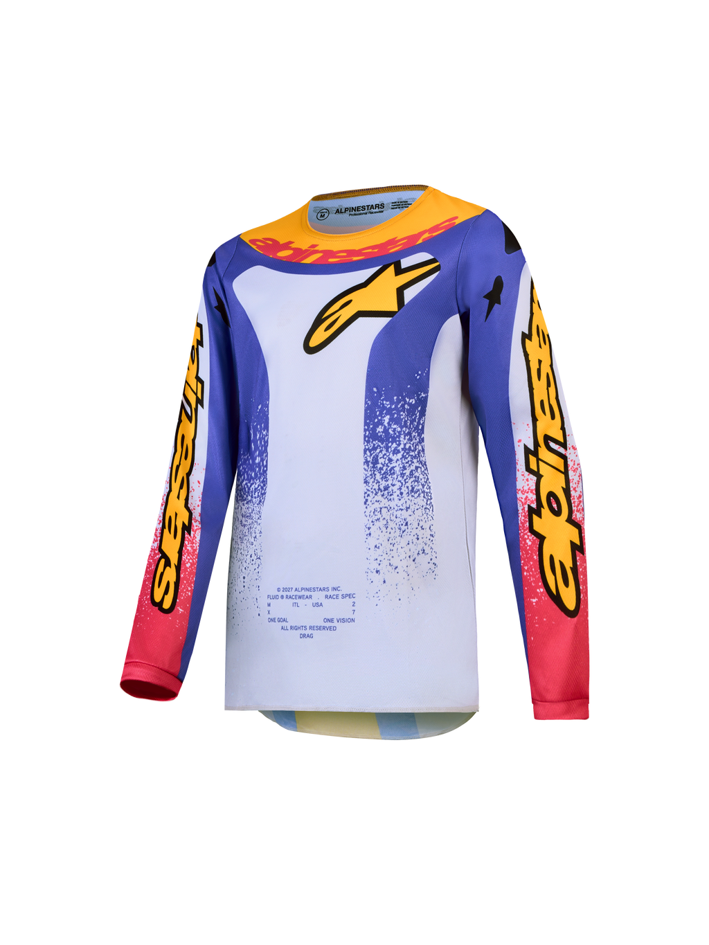 Alpinestars 2027 Ungdom Fluid Drag tröja, blå och vit ventilerande motocrosströja med gul och röd racinggrafik.