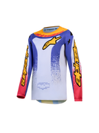 Alpinestars 2027 Ungdom Fluid Drag tröja, blå och vit ventilerande motocrosströja med gul och röd racinggrafik.