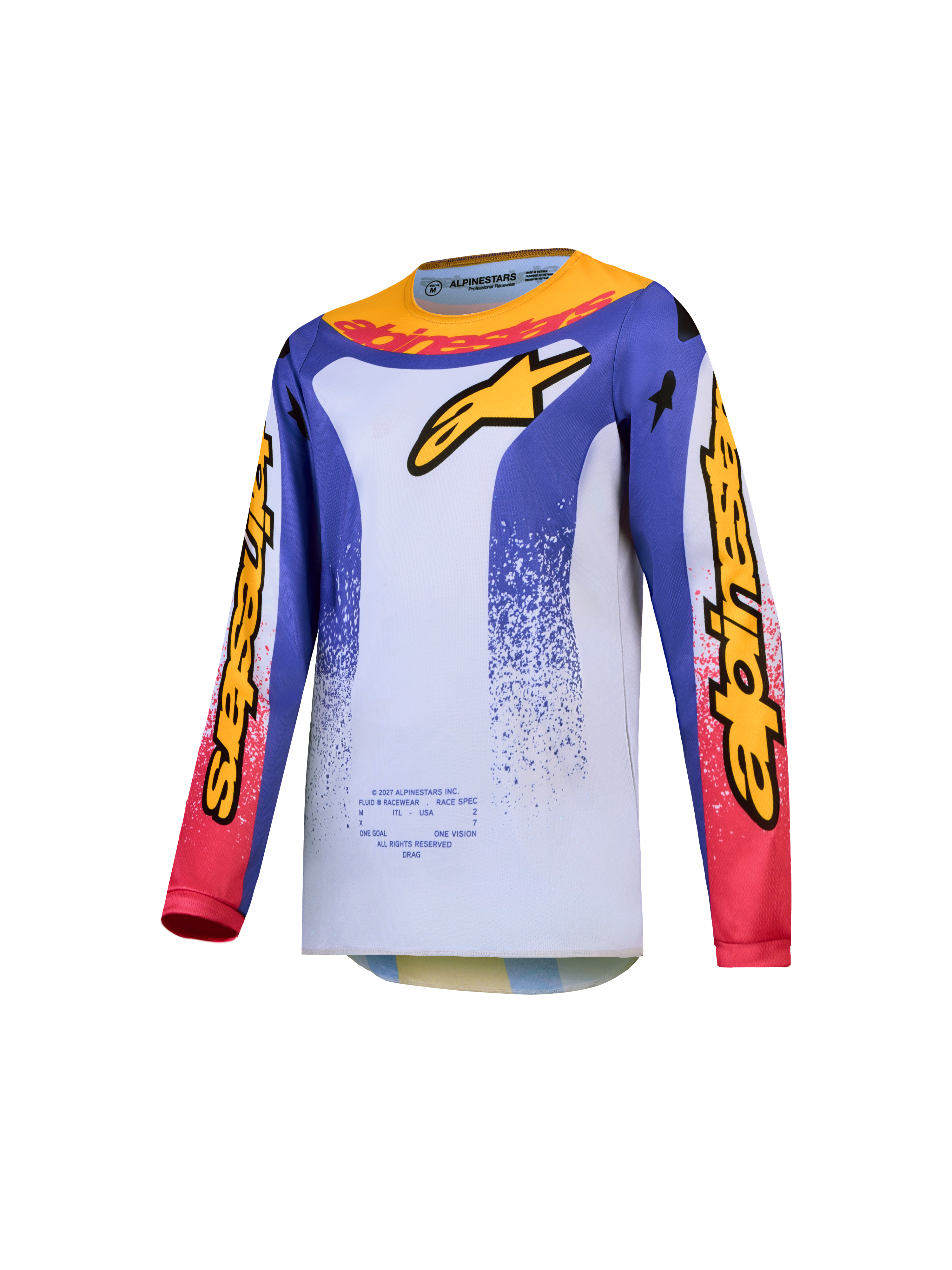 Alpinestars 2027 Ungdom Fluid Drag tröja, blå och vit ventilerande motocrosströja med gul och röd racinggrafik.