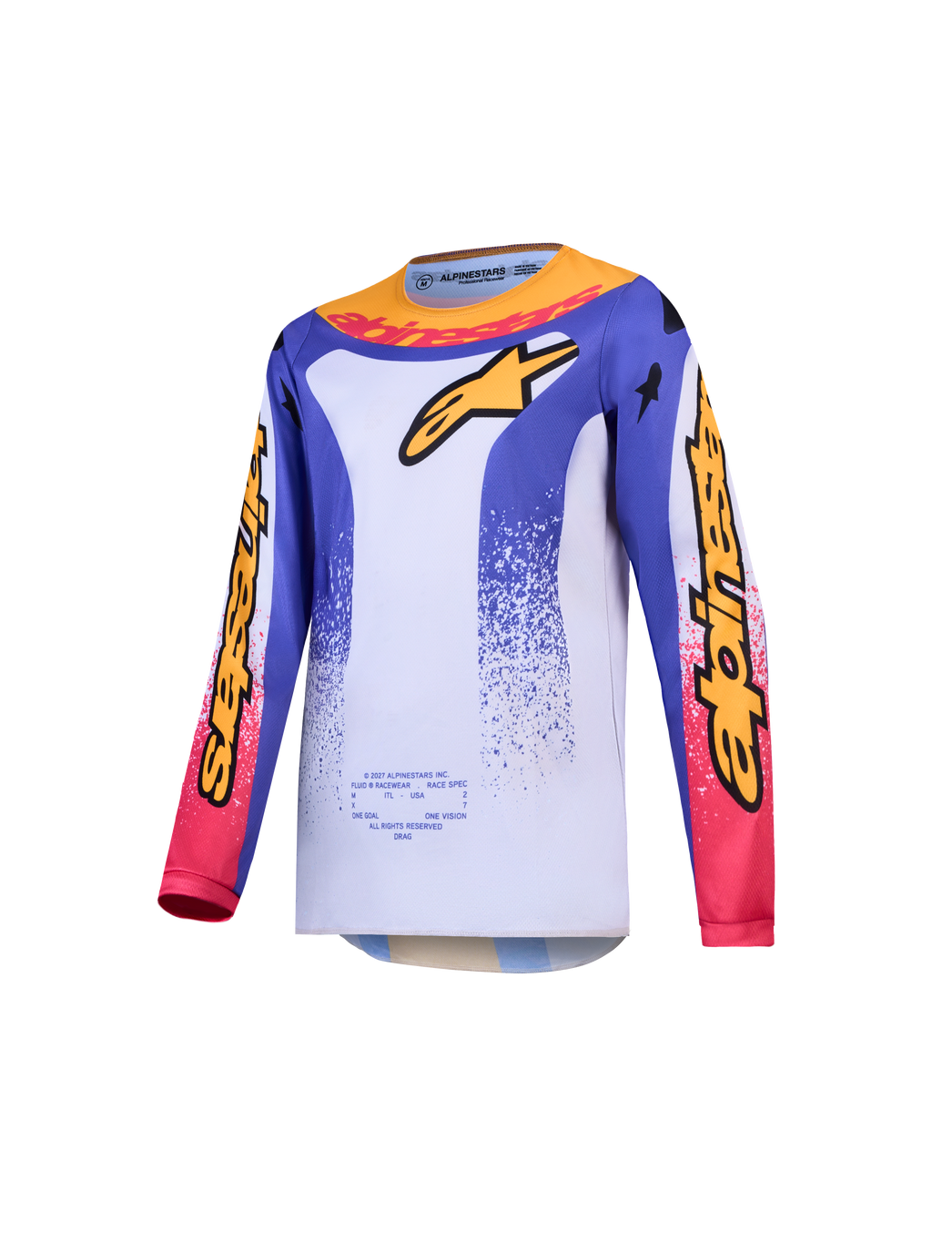 Alpinestars Ungdom Fluid Drag tröja, motocrosströja för ungdom, blå och guld med vitt, fuktavledande polytyg.