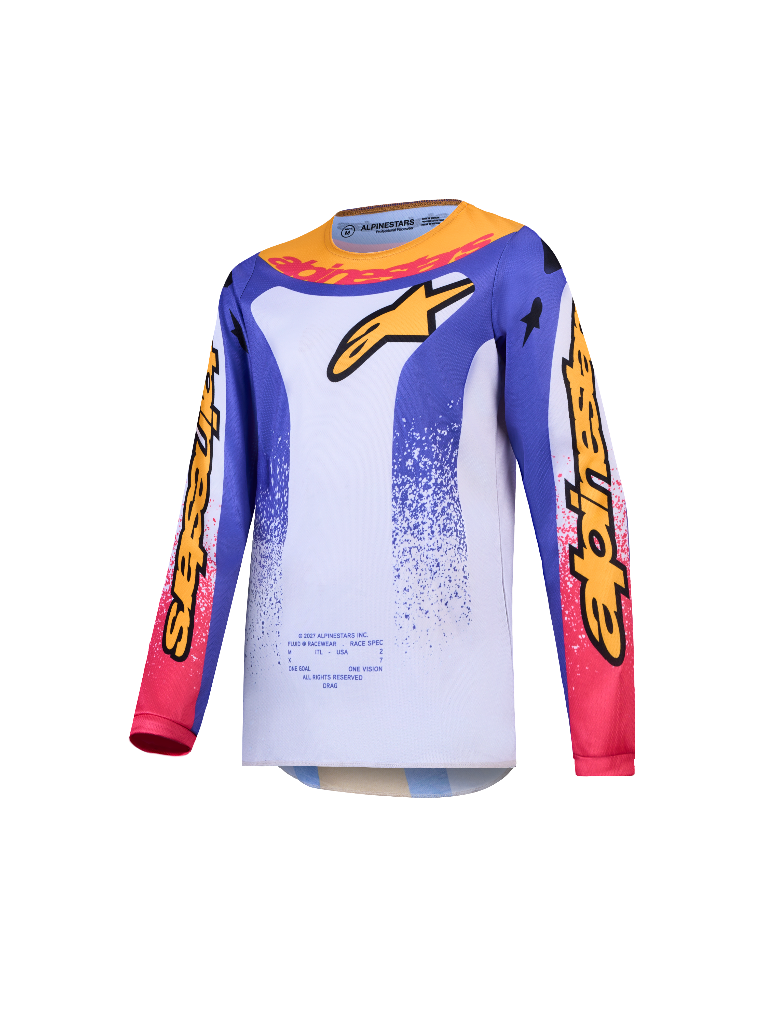 Alpinestars Ungdom Fluid Drag tröja, motocrosströja för ungdom, blå och guld med vitt, fuktavledande polytyg.
