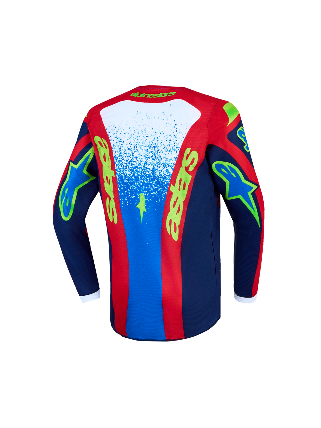 Alpinestars 2027 Ungdom Fluid Drag tröja, blå och röd motocrosströja, vy bakifrån, fukttransporterande för terrängkörning.