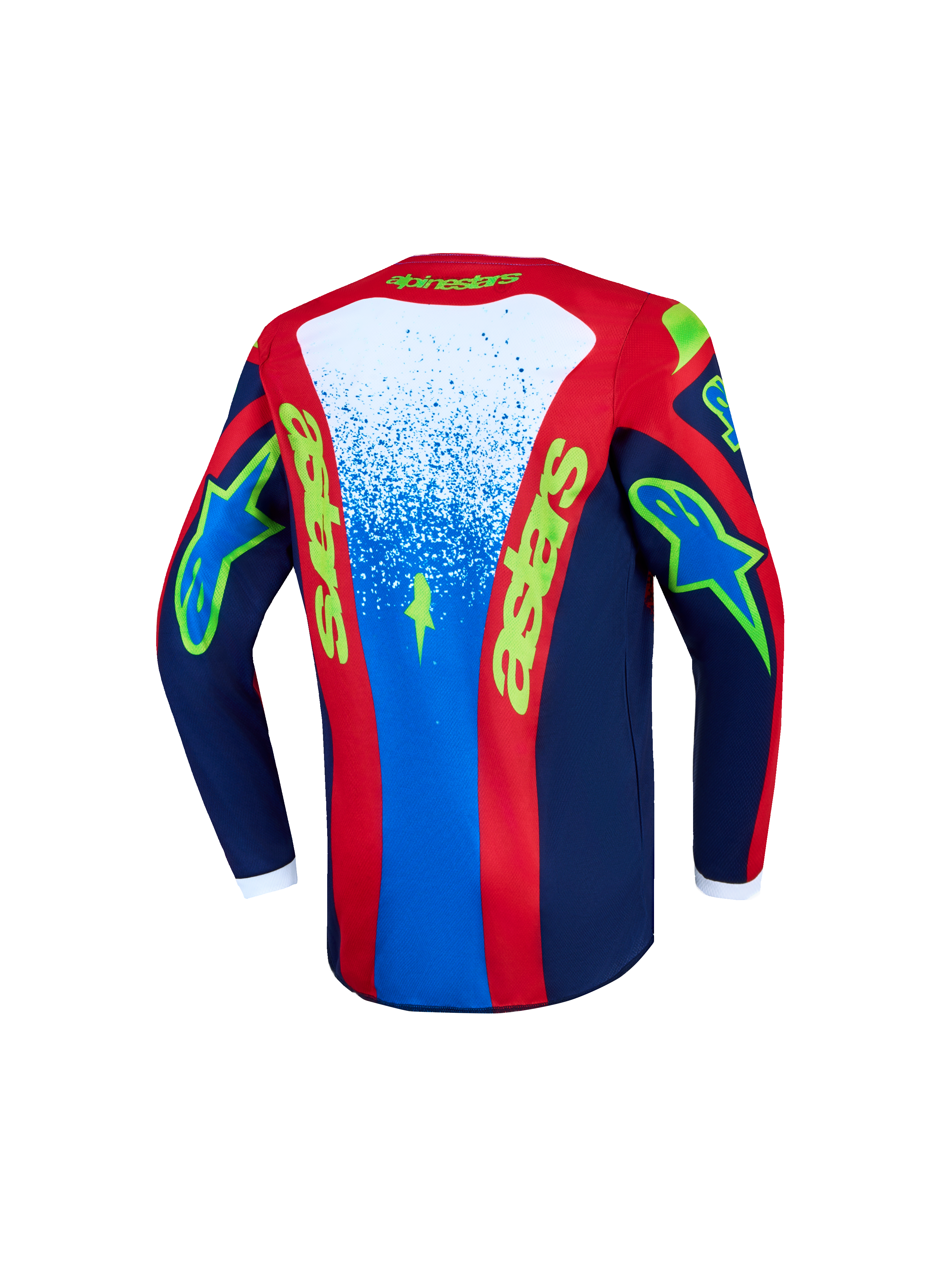 Alpinestars 2027 Ungdom Fluid Drag tröja, blå och röd motocrosströja, vy bakifrån, fukttransporterande för terrängkörning.