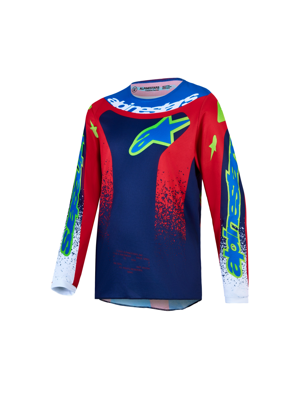 Alpinestars 2027 Ungdom Fluid Drag tröja, motocrosströja för ungdomar, blå, röd och vit med neongröna detaljer, fukttransporterande polytyg, ergonomisk passform för terrängkörning.