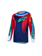 Alpinestars 2027 Ungdom Fluid Drag tröja, motocrosströja för ungdomar, blå, röd och vit med neongröna detaljer, fukttransporterande polytyg, ergonomisk passform för terrängkörning.