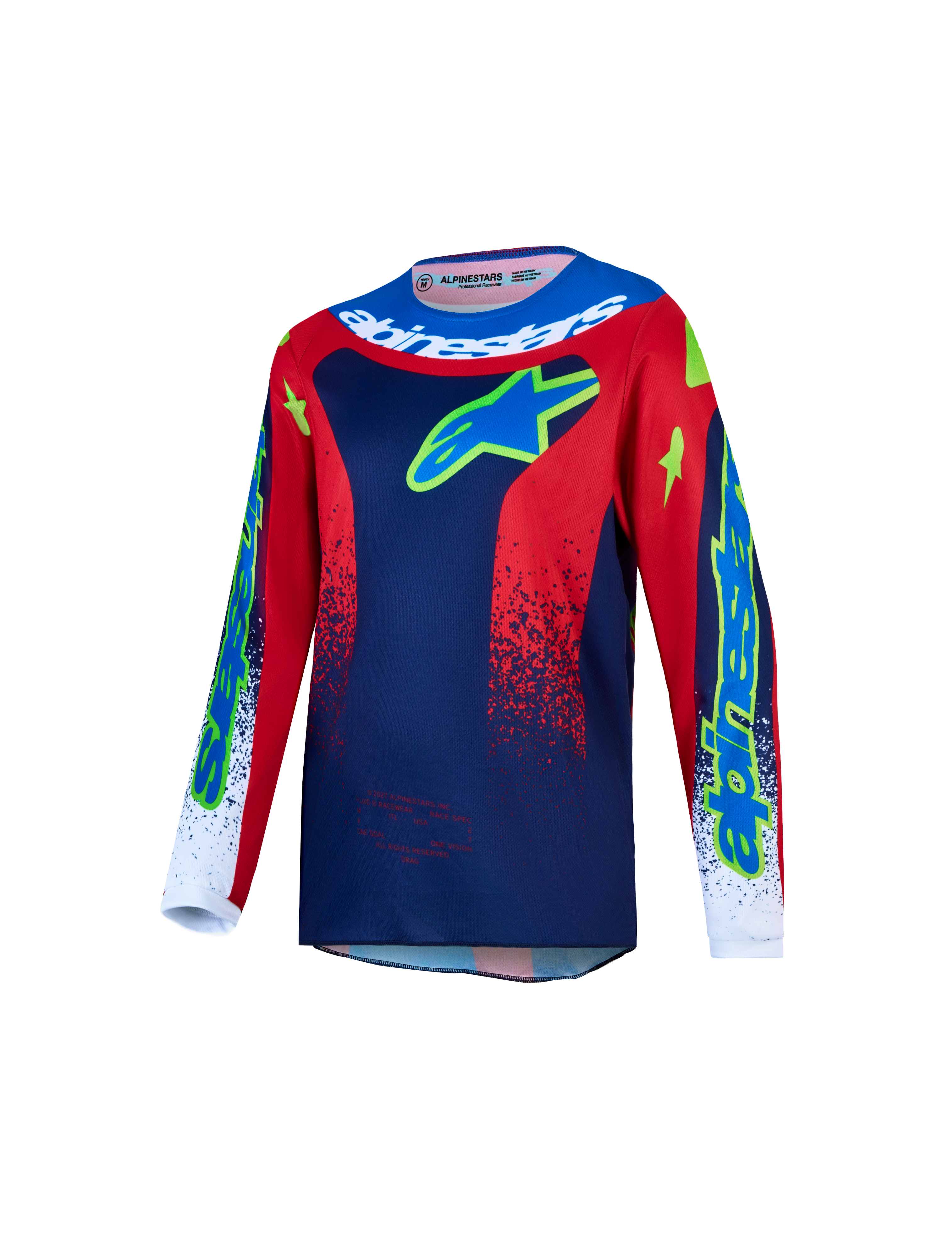 Alpinestars 2027 Ungdom Fluid Drag tröja, motocrosströja för ungdomar, blå, röd och vit med neongröna detaljer, fukttransporterande polytyg, ergonomisk passform för terrängkörning.