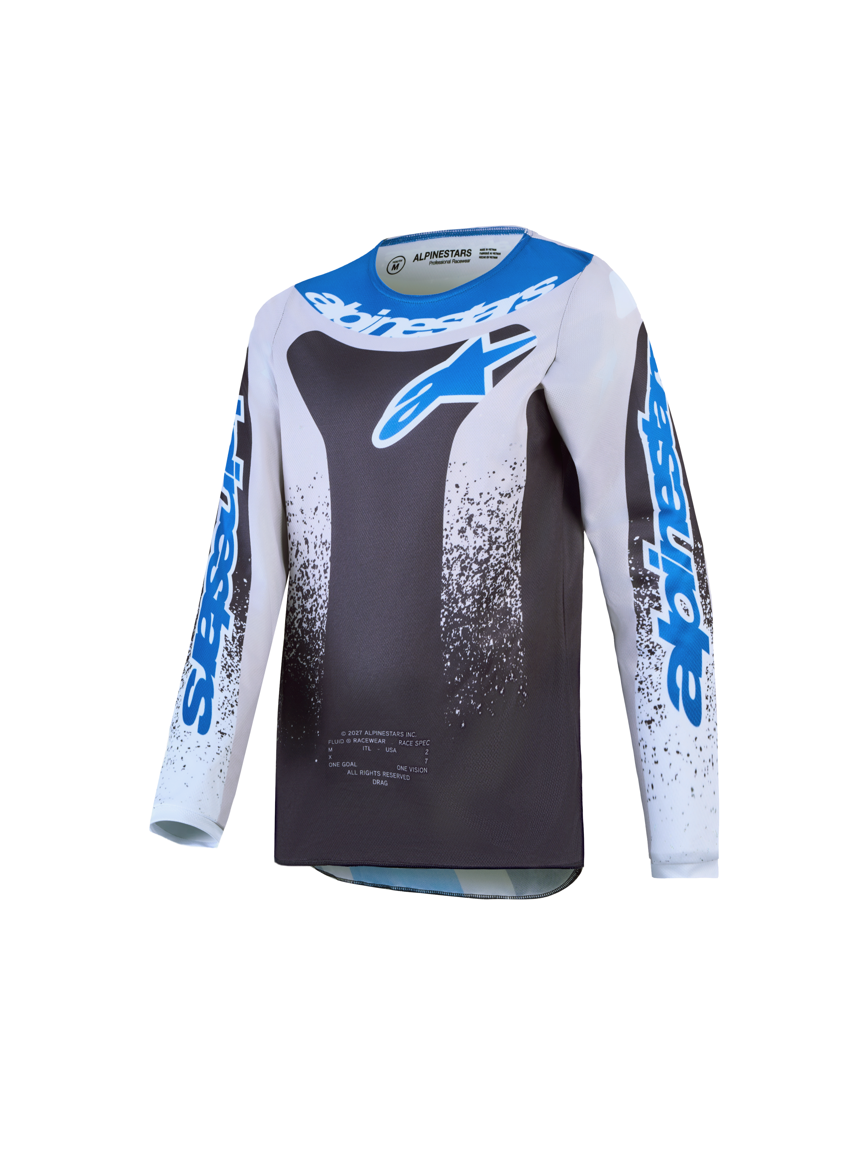 Alpinestars 2027 Ungdom Fluid Drag tröja, motocrosströja i grått och blått, lätt andningsbart polytyg för terrängkörning
