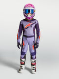 Alpinestars Ungdom Fluid Hunt utrustningsset, lila och violett motocross-kit med rosa hjälm och stövlar för terrängkörning.