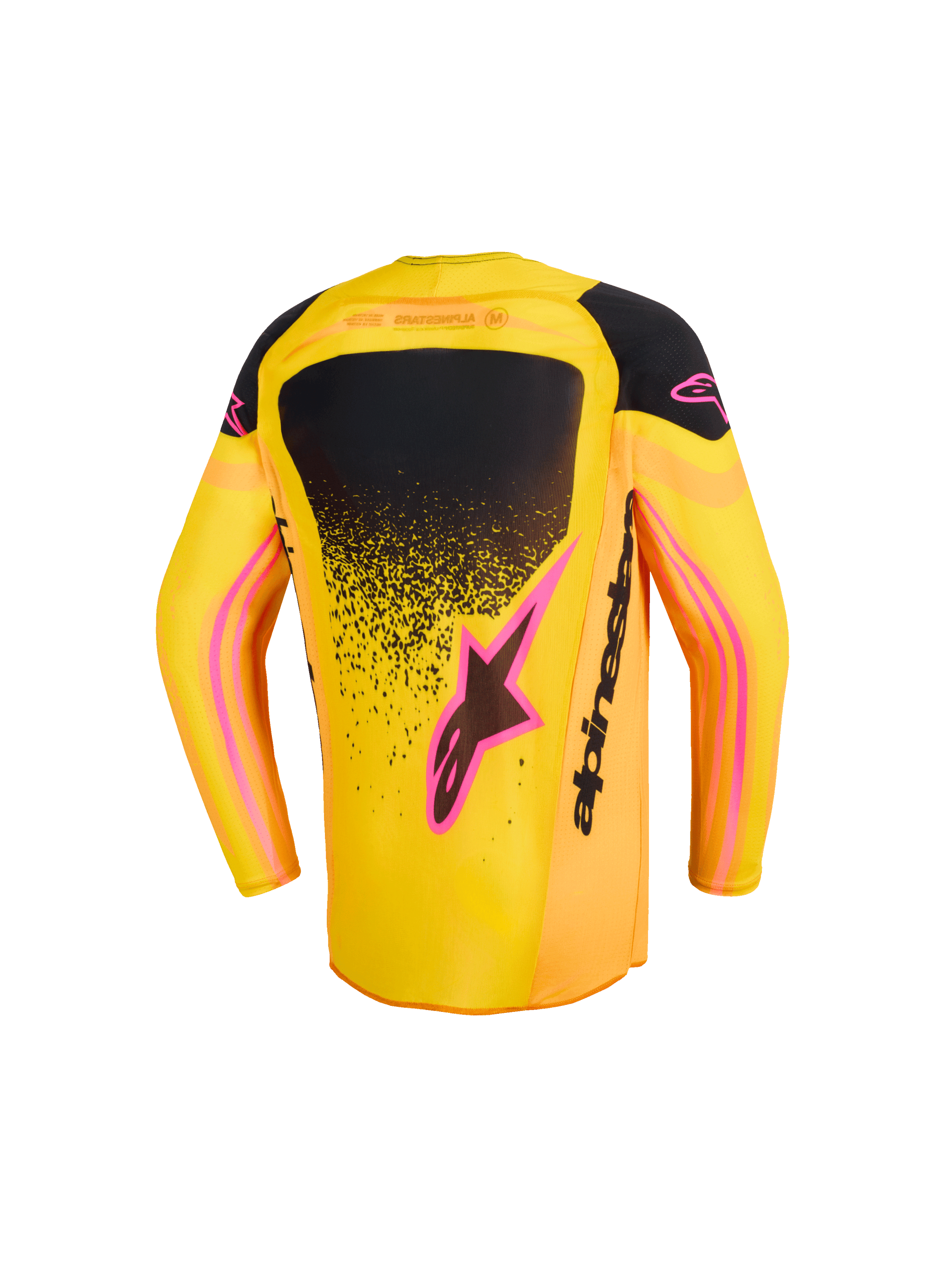 Alpinestars 2026 Youth Supertech Nomur Jersey, motocrosströja, vy bakifrån, orange, gul och rosa, svarta paneler på axlar och rygg, rosa stjärnlogotyper och svart Alpinestars-logotyp, atletisk passform