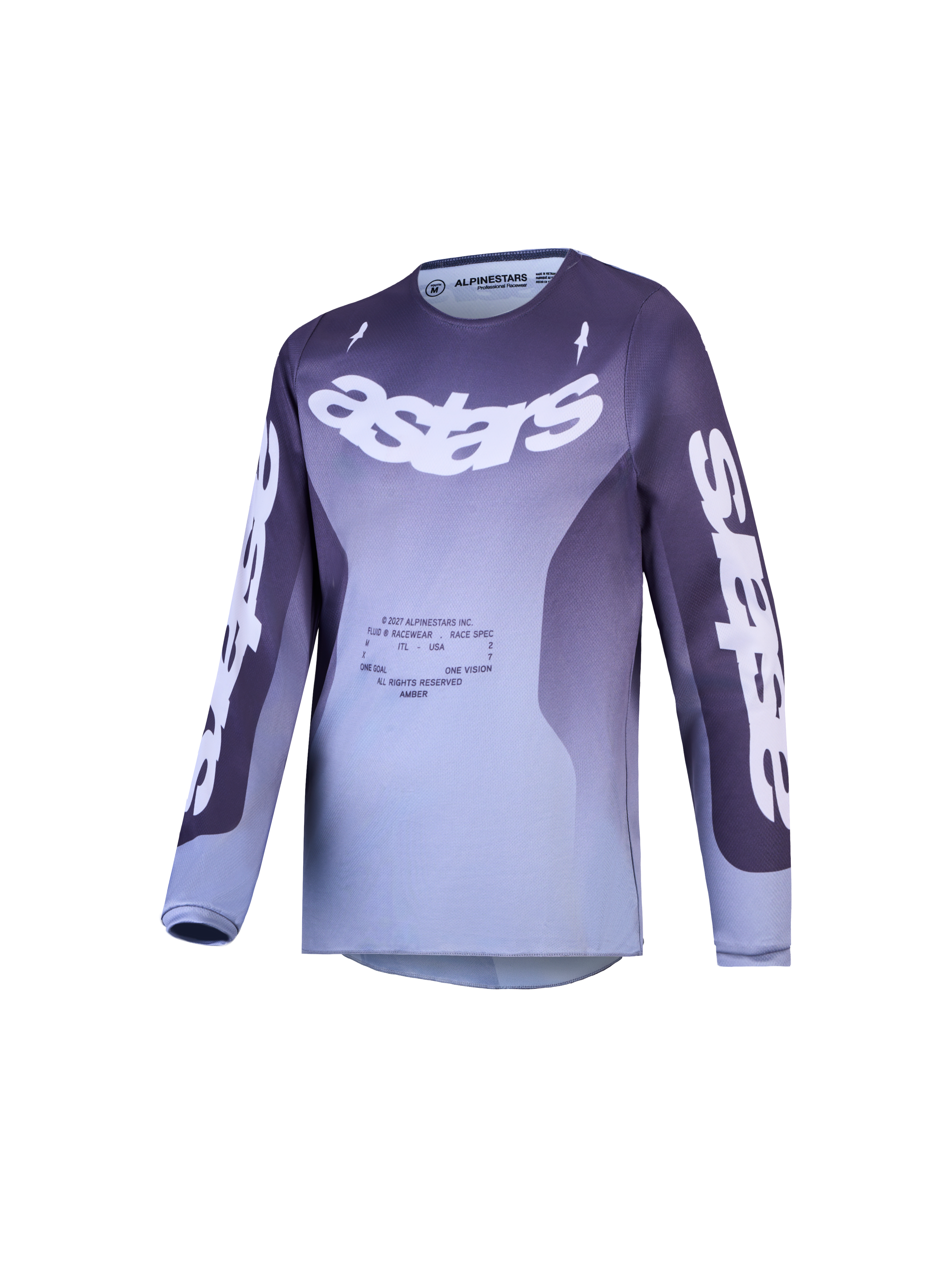 Alpinestars Youth Fluid Amber Jersey, purple and grey gradient youth motocross racing jersey with bold Astars branding and performance off-road design.