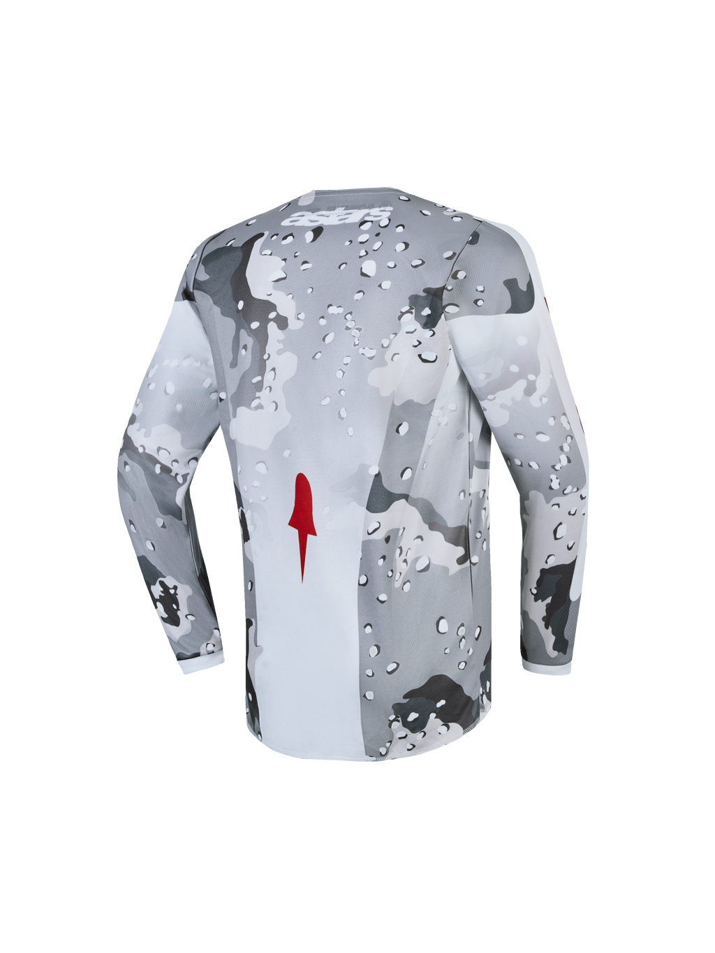 Alpinestars 2027 Ungdom Fluid Lone tröja, motocrosströja i grå kamouflage och vit med röd detalj, ventilerande material, vy bakifrån.