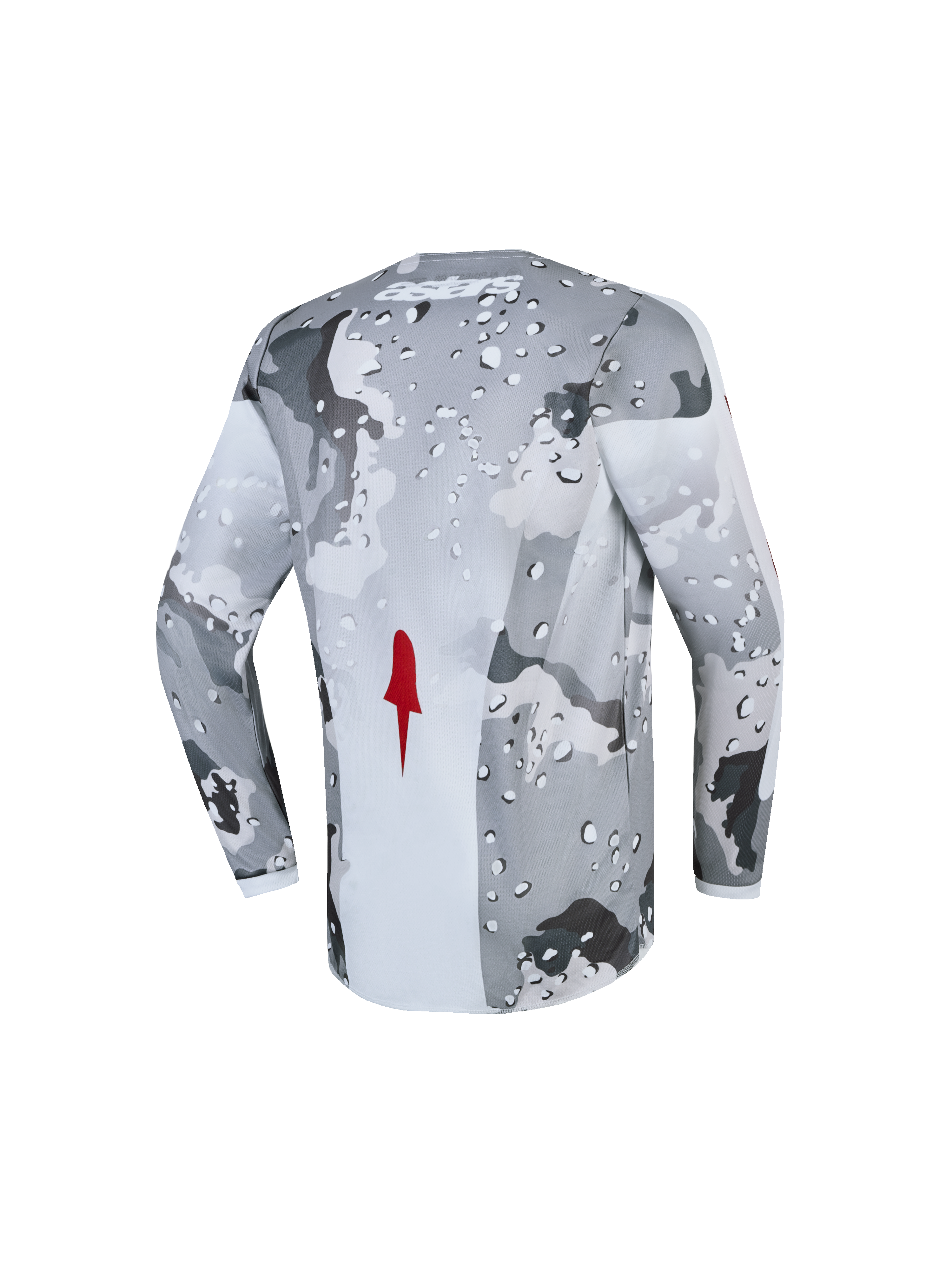 Alpinestars 2027 Ungdom Fluid Lone tröja, motocrosströja i grå kamouflage och vit med röd detalj, ventilerande material, vy bakifrån.