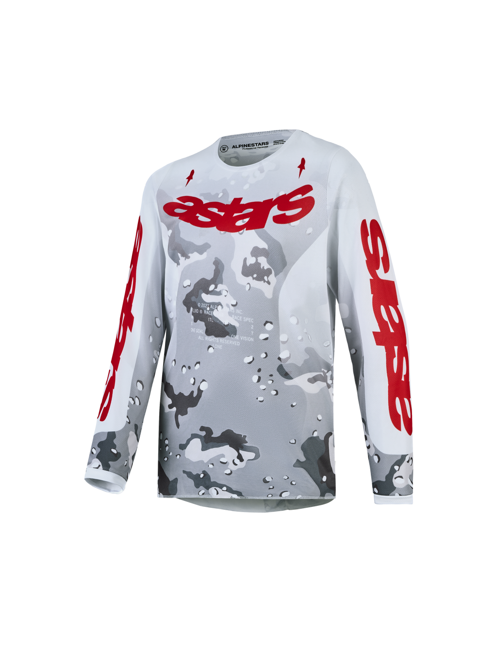 Alpinestars Ungdom Fluid Lone tröja, motocrosströja för ungdom, grå camouflage och röd, andningsbart lättviktsmaterial med röd logotyp för MX och terrängkörning.