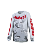 Alpinestars Ungdom Fluid Lone tröja, motocrosströja för ungdom, grå camouflage och röd, andningsbart lättviktsmaterial med röd logotyp för MX och terrängkörning.