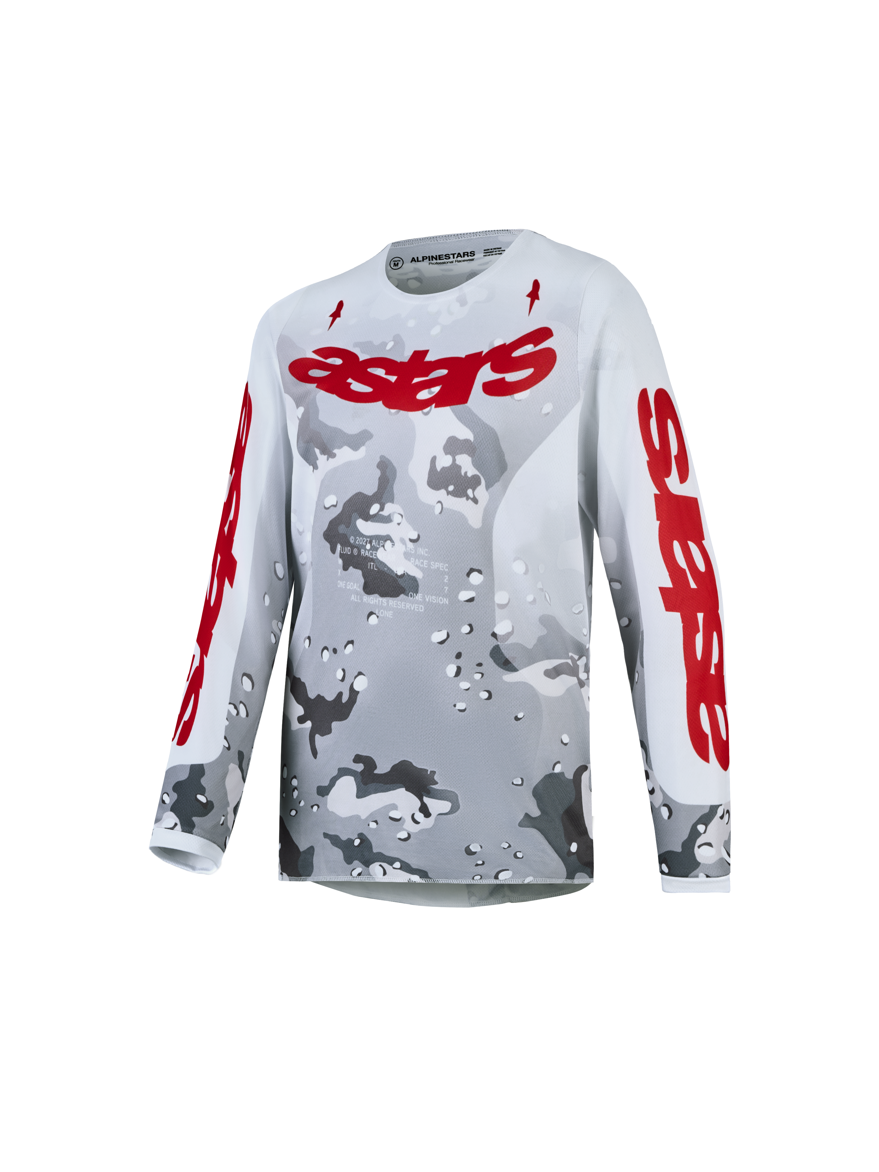 Alpinestars Ungdom Fluid Lone tröja, motocrosströja för ungdom, grå camouflage och röd, andningsbart lättviktsmaterial med röd logotyp för MX och terrängkörning.