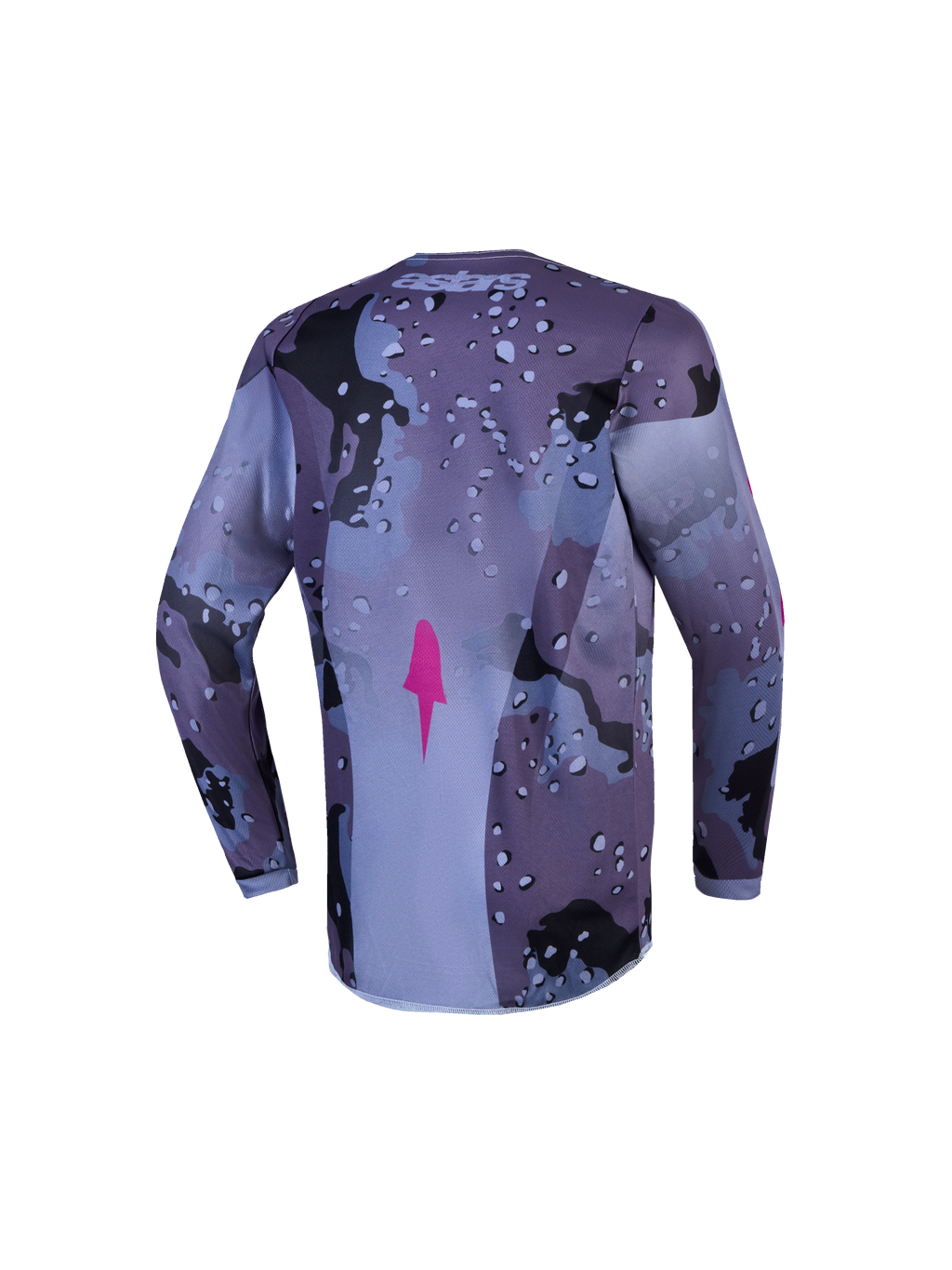 Alpinestars Fluid Lone motocrosströja för ungdom, lila och grå camo, vy bakifrån med förlängd rygg.