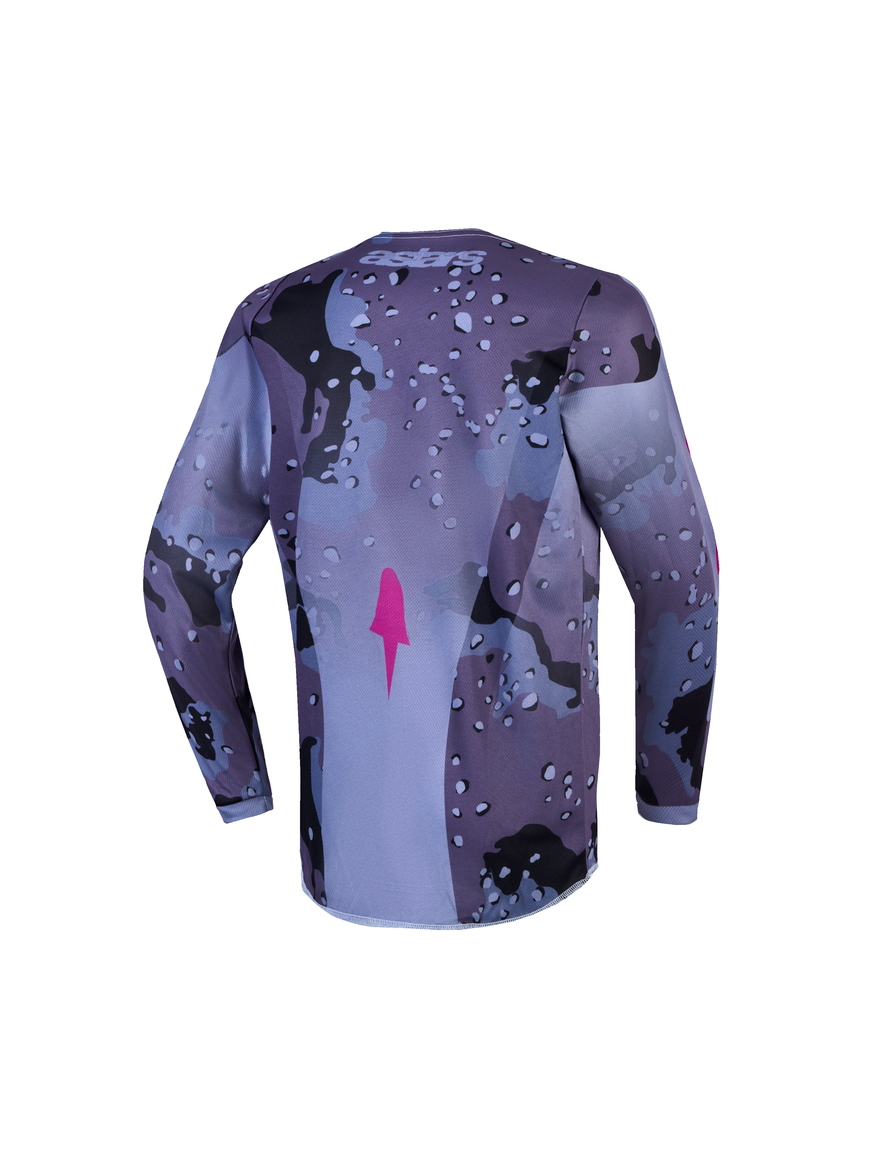 Alpinestars Fluid Lone motocrosströja för ungdom, lila och grå camo, vy bakifrån med förlängd rygg.
