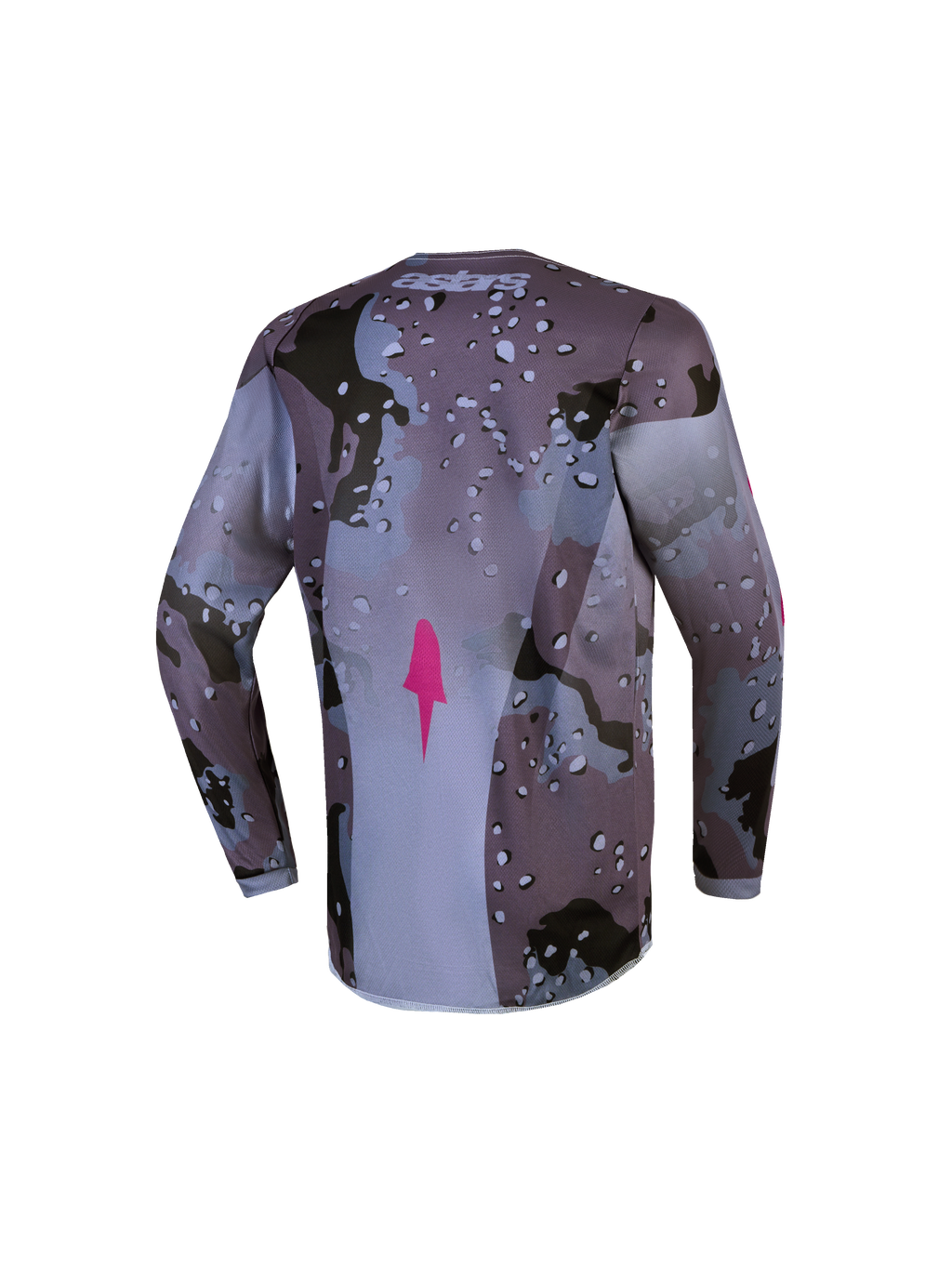 Alpinestars Youth Fluid Lone Jersey, gray camo and purple motocross top with moisture-wicking fabric and an extended rear.
