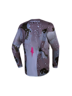 Alpinestars Youth Fluid Lone Jersey, gray camo and purple motocross top with moisture-wicking fabric and an extended rear.