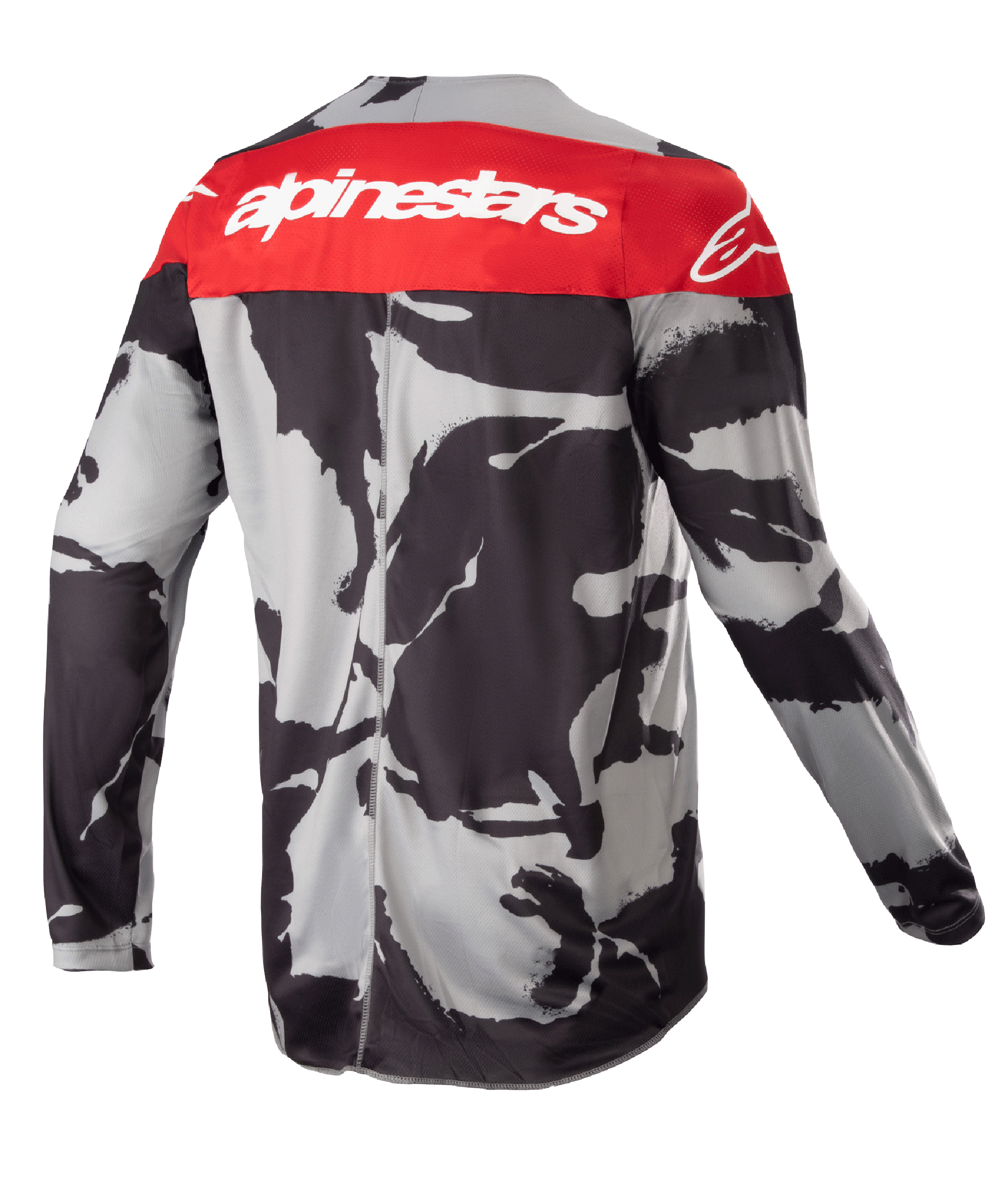 Alpinestars Youth 2023 Racer Tactical Jersey, motocrosströja, Cast Gray Camo och Mars Red, ryggvy med en röd axelpanel med vit Alpinestars-logotyp, abstrakt svart och grått kamouflagemönster, lättviktigt fukttransporterande material för terrängkörning
