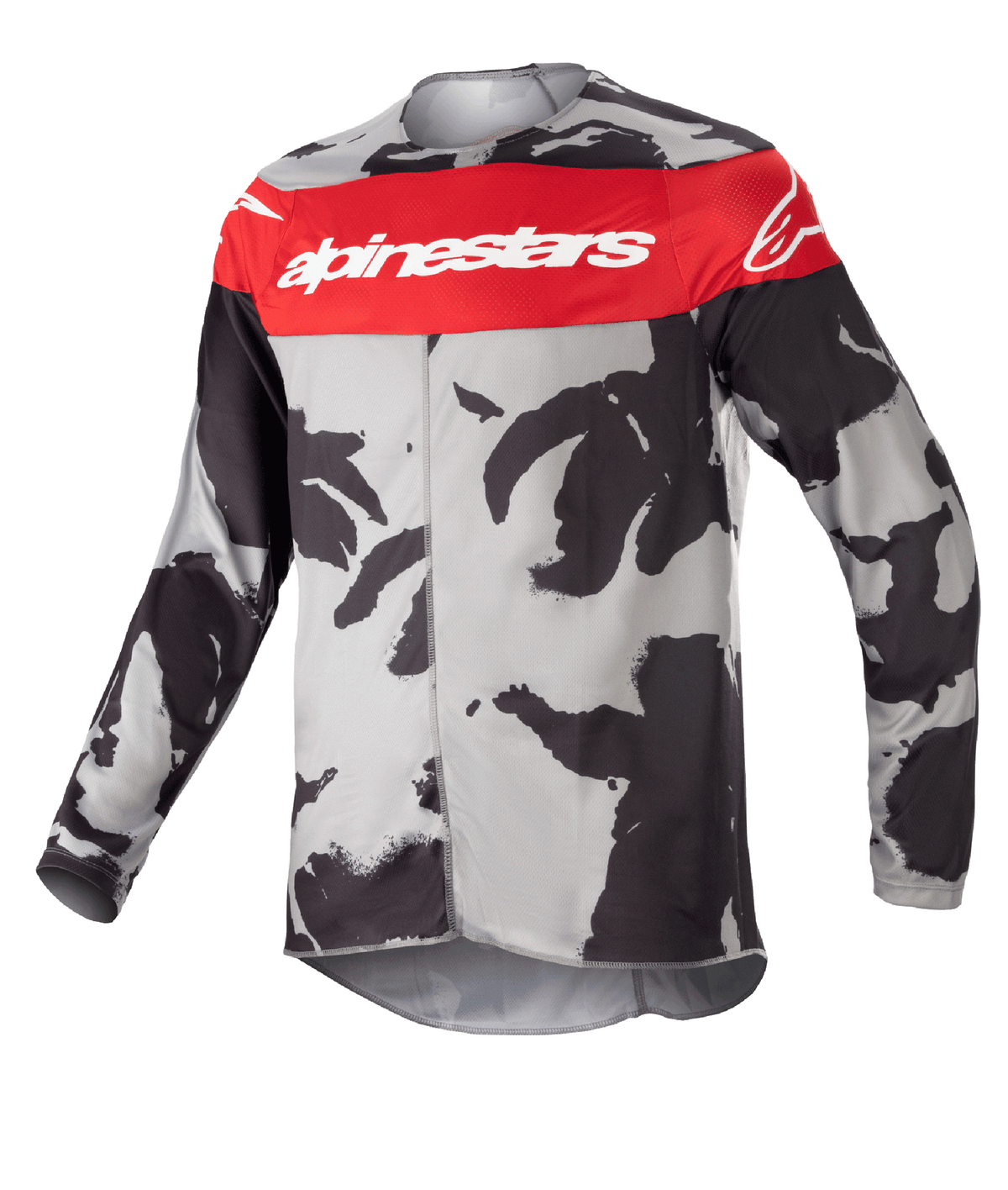 Alpinestars Youth 2023 Racer Tactical-tröja, motocrosströja, Cast Gray Camo och Mars Red, med ett horisontellt rött bröstband och vit Alpinestars-logotyp, grått och svart kamouflagemönster, lätt fukttransporterande material för terrängkörning