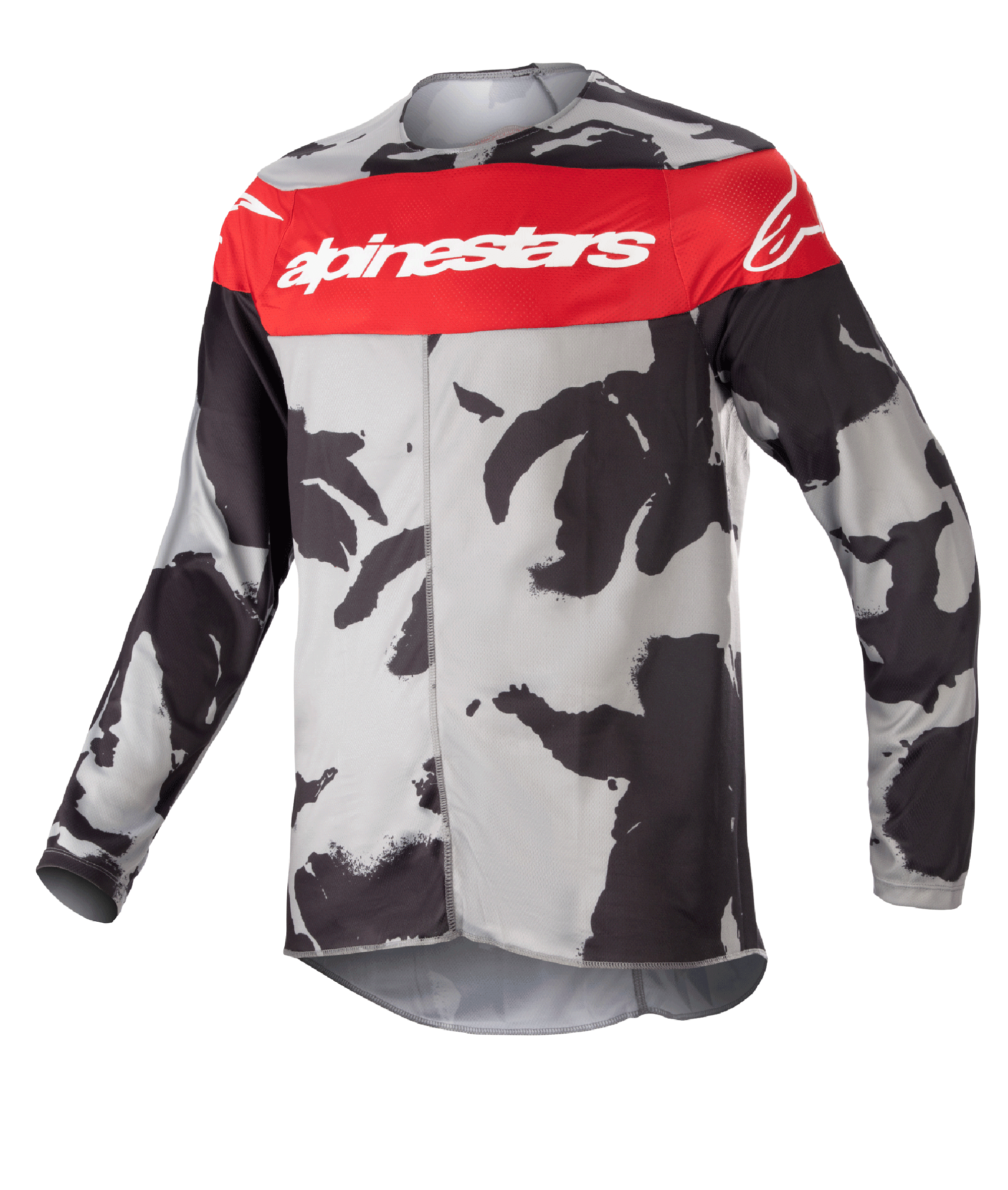 Alpinestars Youth 2023 Racer Tactical-tröja, motocrosströja, Cast Gray Camo och Mars Red, med ett horisontellt rött bröstband och vit Alpinestars-logotyp, grått och svart kamouflagemönster, lätt fukttransporterande material för terrängkörning