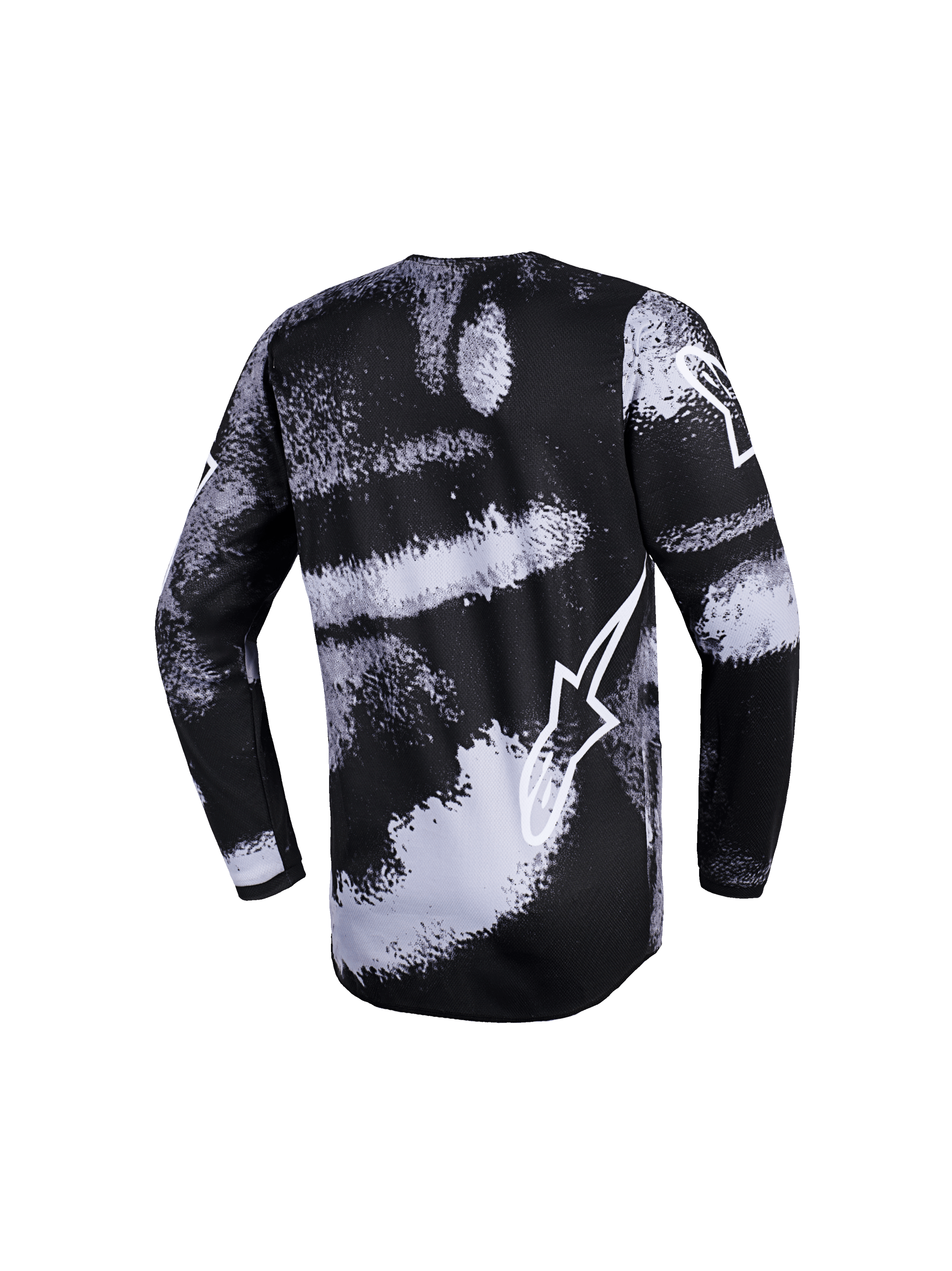 Alpinestars 2026 Youth Fluid Lahnd Jersey, motocrosströja, Iron Camo, vy bakifrån med ett svart och vitt texturerat randigt mönster, vit Alpinestars-logotyp på nedre ryggen, långa ärmar, andningsbart fukttransporterande polytyg för terrängkörning för ungdomar.