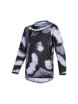Alpinestars 2026 Youth Fluid Lahnd Jersey, motocrosströja, svart och grått Iron Camo, med vit Alpinestars-logotyp på bröstet och ärmarna, långärmad, funktionell utrustning för terrängkörning
