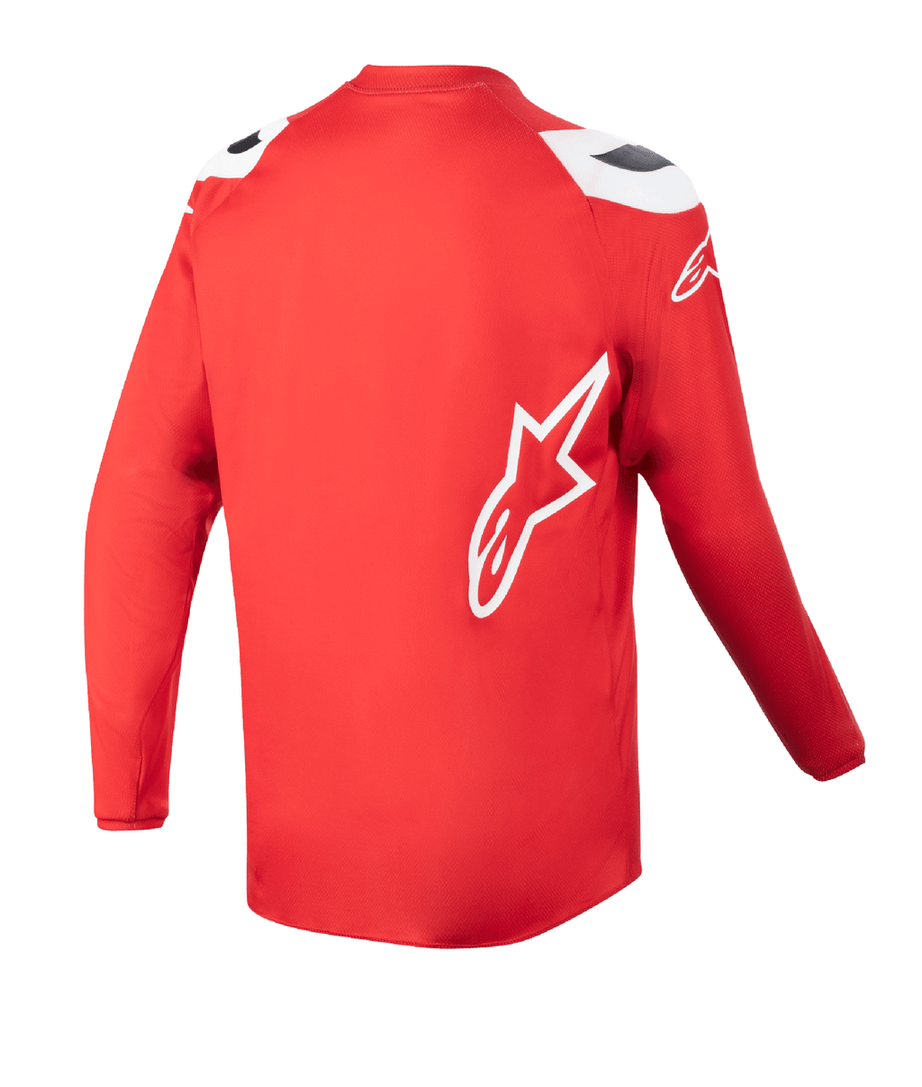 Alpinestars Youth 2023 Racer Narin tröja, motocrosströja, Mars Red och vit, baksida som visar förlängd rygg, vit Alpinestars-stjärnlogotyp på sidan, högpresterande terrängkläder
