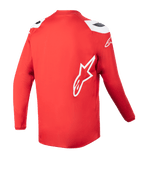 Alpinestars Youth 2023 Racer Narin tröja, motocrosströja, Mars Red och vit, baksida som visar förlängd rygg, vit Alpinestars-stjärnlogotyp på sidan, högpresterande terrängkläder