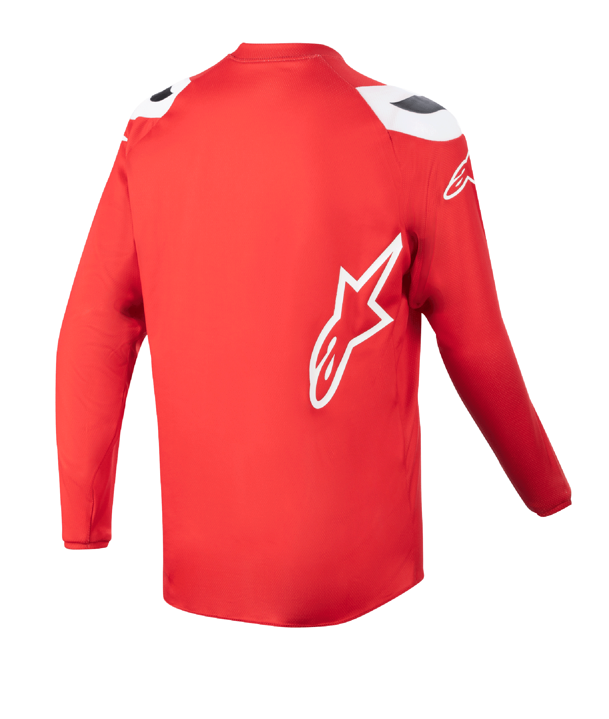 Alpinestars Youth 2023 Racer Narin tröja, motocrosströja, Mars Red och vit, baksida som visar förlängd rygg, vit Alpinestars-stjärnlogotyp på sidan, högpresterande terrängkläder