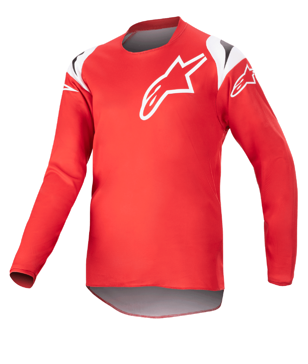 Alpinestars Youth 2023 Racer Narin tröja, motocrosströja, Mars Red och vit, med en stor vit stjärnlogotyp på bröstet och detaljer på axlarna, lätt långärmat funktionsmaterial för terrängkörning
