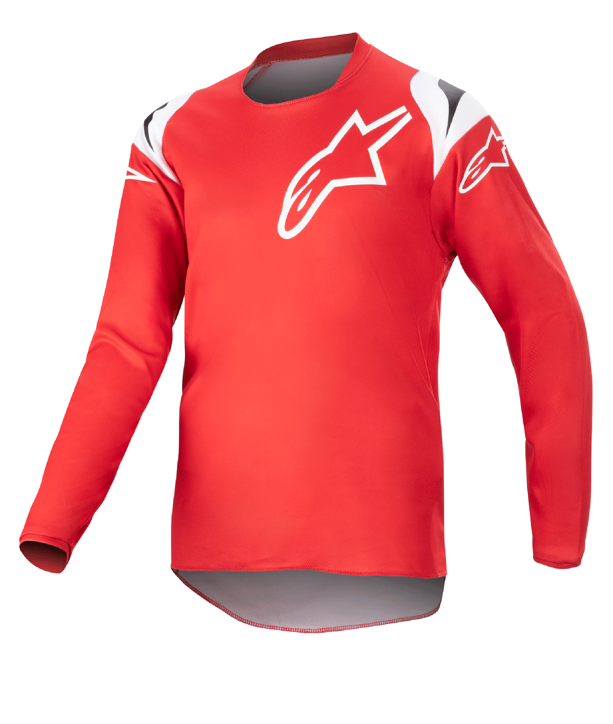 Alpinestars Youth 2023 Racer Narin tröja, motocrosströja, Mars Red och vit, med en stor vit stjärnlogotyp på bröstet och detaljer på axlarna, lätt långärmat funktionsmaterial för terrängkörning