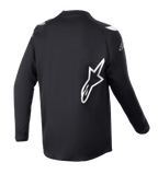 Alpinestars Racer Graphite-tröja för ungdom 2023, motocrosströja, svart, vy bakifrån med stor vit Alpinestars-stjärnlogotyp, tekniskt fuktavledande material, långa ärmar, slitstarka terrängkläder
