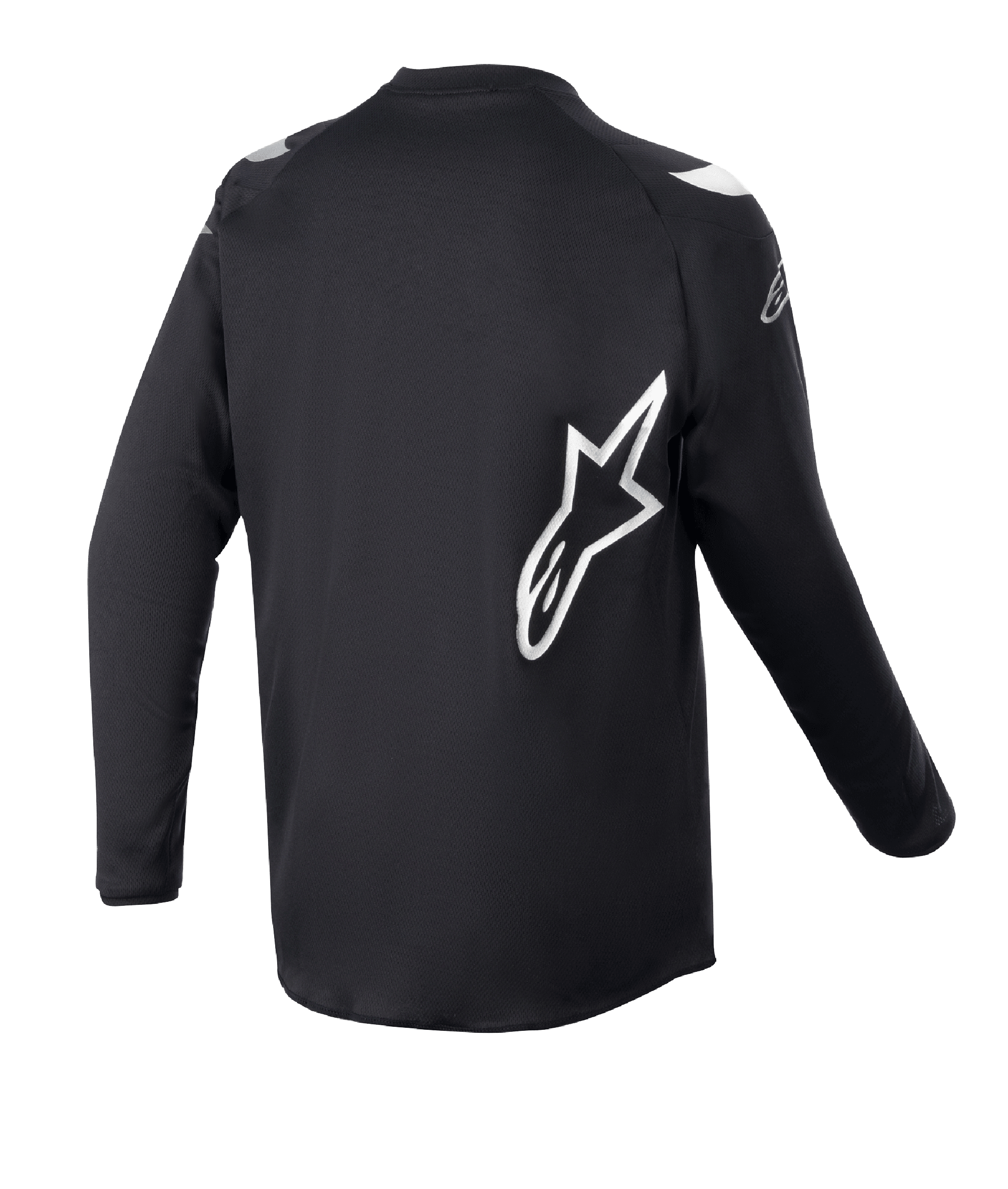 Alpinestars Racer Graphite-tröja för ungdom 2023, motocrosströja, svart, vy bakifrån med stor vit Alpinestars-stjärnlogotyp, tekniskt fuktavledande material, långa ärmar, slitstarka terrängkläder