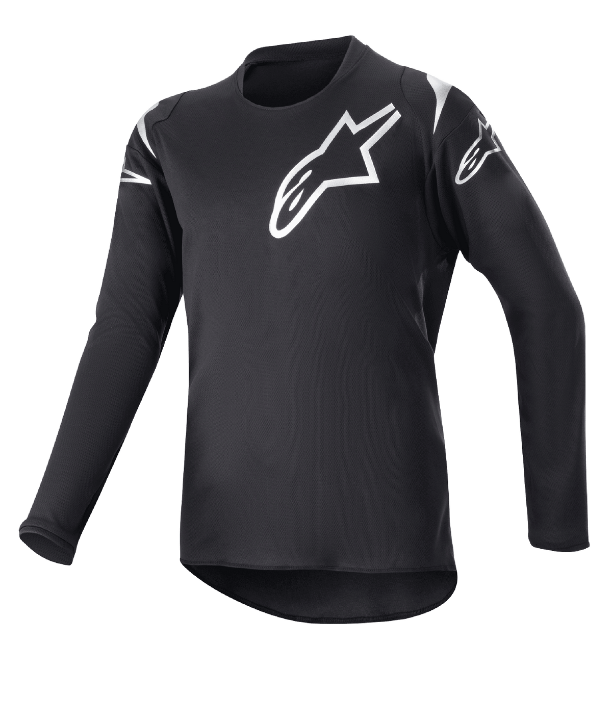 Alpinestars Youth 2023 Racer Graphite tröja, motocrosströja, svart och reflekterande svart, vita stjärnlogotyper på bröst och axlar, långärmad, lätt fuktavledande tyg med förlängd rygg, sportig design för terrängkörning