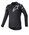Alpinestars Youth 2023 Racer Graphite tröja, motocrosströja, svart och reflekterande svart, vita stjärnlogotyper på bröst och axlar, långärmad, lätt fuktavledande tyg med förlängd rygg, sportig design för terrängkörning