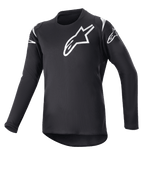 Alpinestars Youth 2023 Racer Graphite tröja, motocrosströja, svart och reflekterande svart, vita stjärnlogotyper på bröst och axlar, långärmad, lätt fuktavledande tyg med förlängd rygg, sportig design för terrängkörning