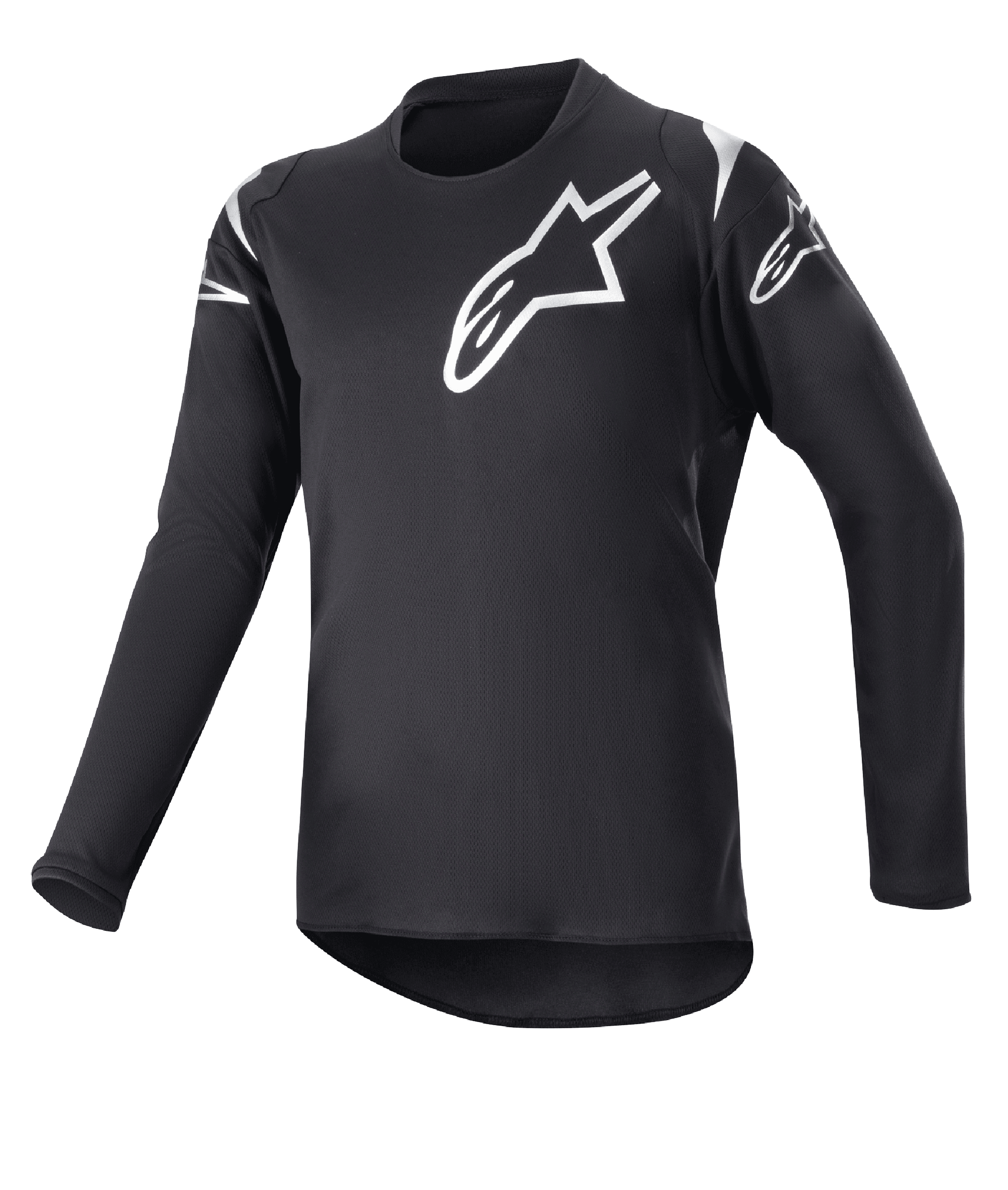 Alpinestars Youth 2023 Racer Graphite tröja, motocrosströja, svart och reflekterande svart, vita stjärnlogotyper på bröst och axlar, långärmad, lätt fuktavledande tyg med förlängd rygg, sportig design för terrängkörning