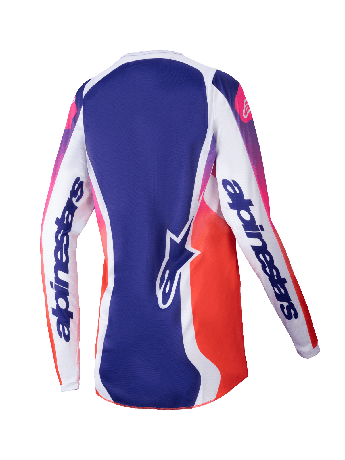 Alpinestars 2025 Stella Fluid Wurx tröja för dam, motocrosströja för dam, flerfärgad vit med blå och rosa-till-orange färgtoningar, ryggvy som visar vita ärmar med tydlig logotyp, blå mittpanel med stjärnlogotyp och fukttransporterande atletisk design