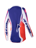Alpinestars 2025 Stella Fluid Wurx tröja för dam, motocrosströja för dam, flerfärgad vit med blå och rosa-till-orange färgtoningar, ryggvy som visar vita ärmar med tydlig logotyp, blå mittpanel med stjärnlogotyp och fukttransporterande atletisk design