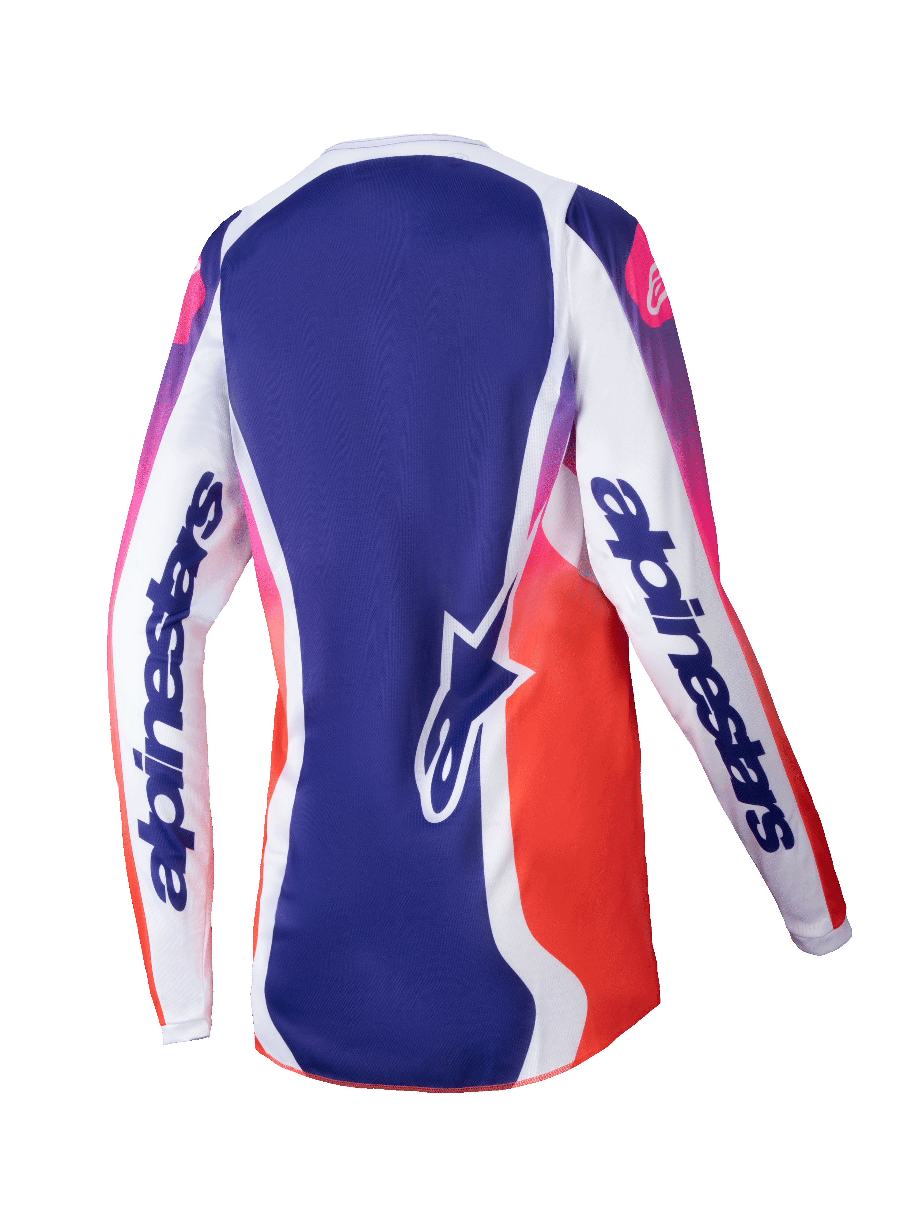 Alpinestars 2025 Stella Fluid Wurx tröja för dam, motocrosströja för dam, flerfärgad vit med blå och rosa-till-orange färgtoningar, ryggvy som visar vita ärmar med tydlig logotyp, blå mittpanel med stjärnlogotyp och fukttransporterande atletisk design