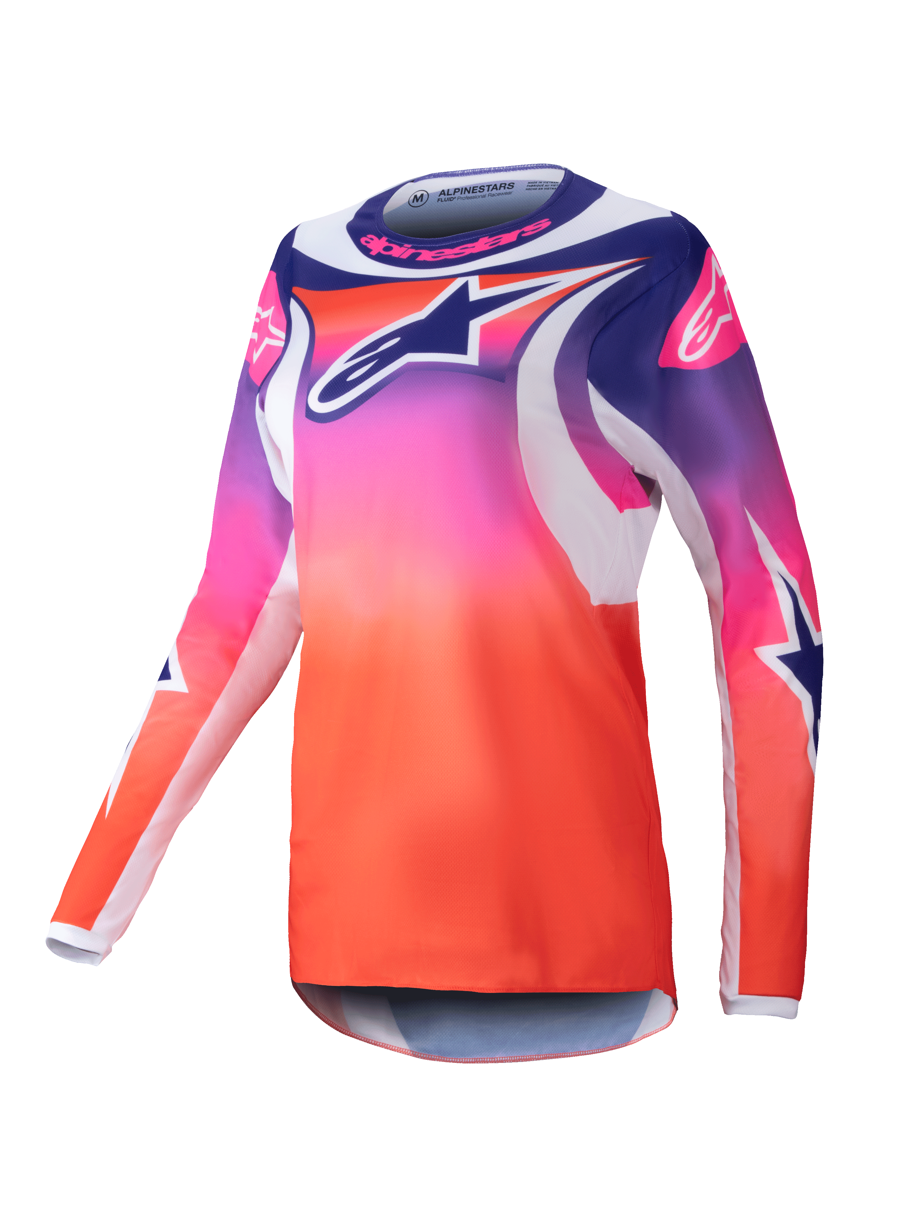 Alpinestars 2025 Stella Fluid Wurx tröja, motocrosströja för damer, lila, rosa och orange gradient med marinblå och vita stjärngrafiker, långärmad med atletisk passform, rund halsringning, funktionella terrängkläder